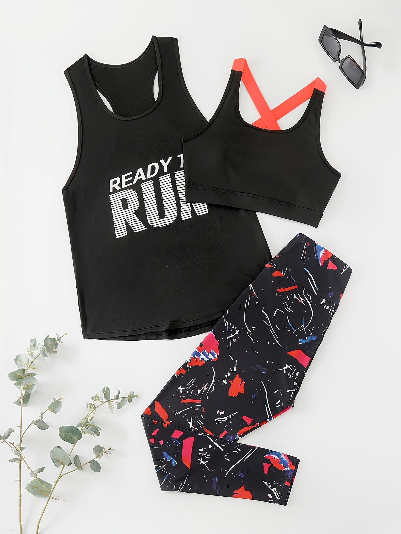 [Breathable Women's Set] 3pcs Women's Set | Breathable Bra, Stretchy Top & High Waist Leggings Outfit