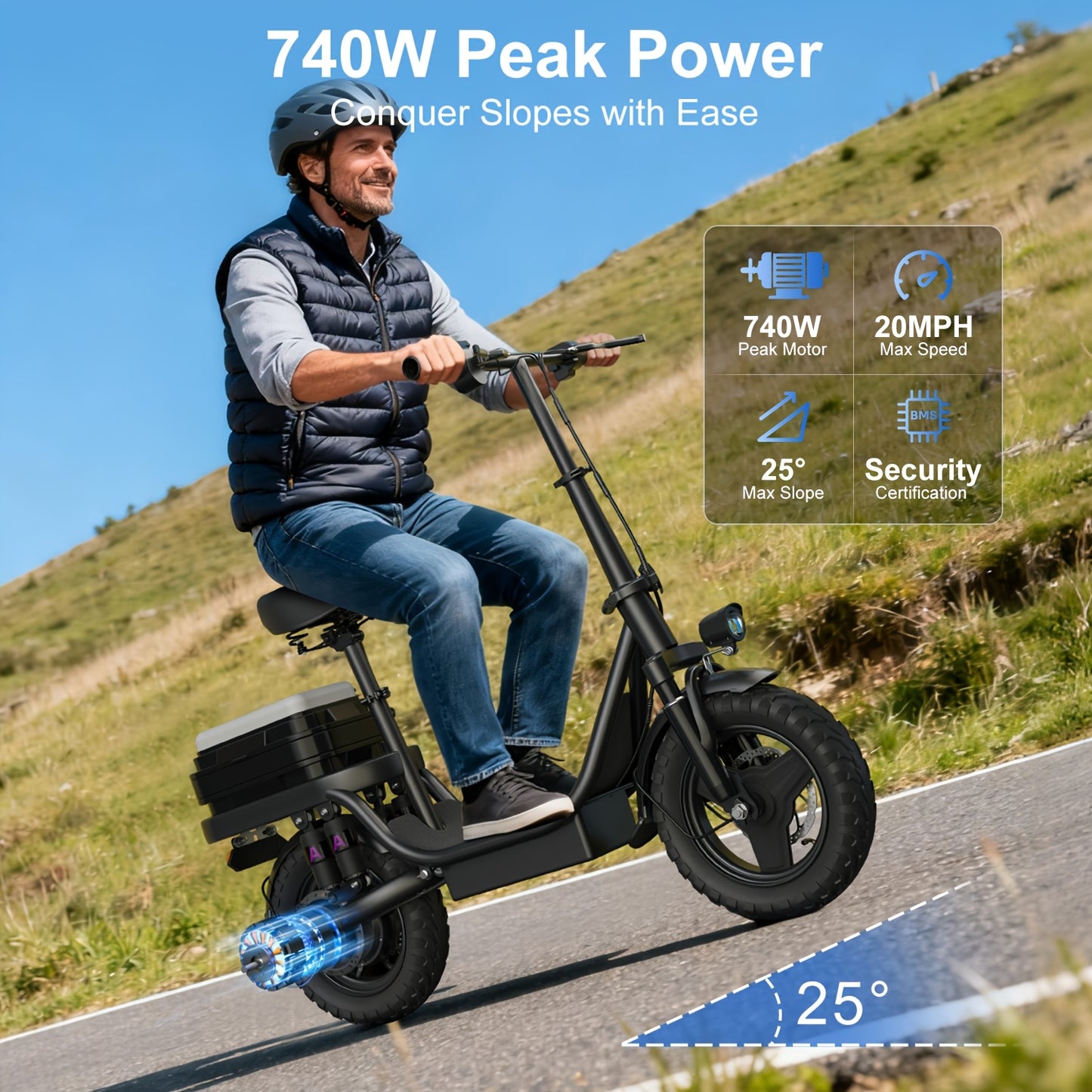 ZEFIORA S10 MAX 740W Peak Electric Scooter, Folding Electric Bicycle for Adults And Teenagers, 14" Tires, 54.6V 8-20Ah Removable Battery, LCD Screen, Puncture-Proof, Front And Rear Lights-Ideal for Commuting And Outings, The