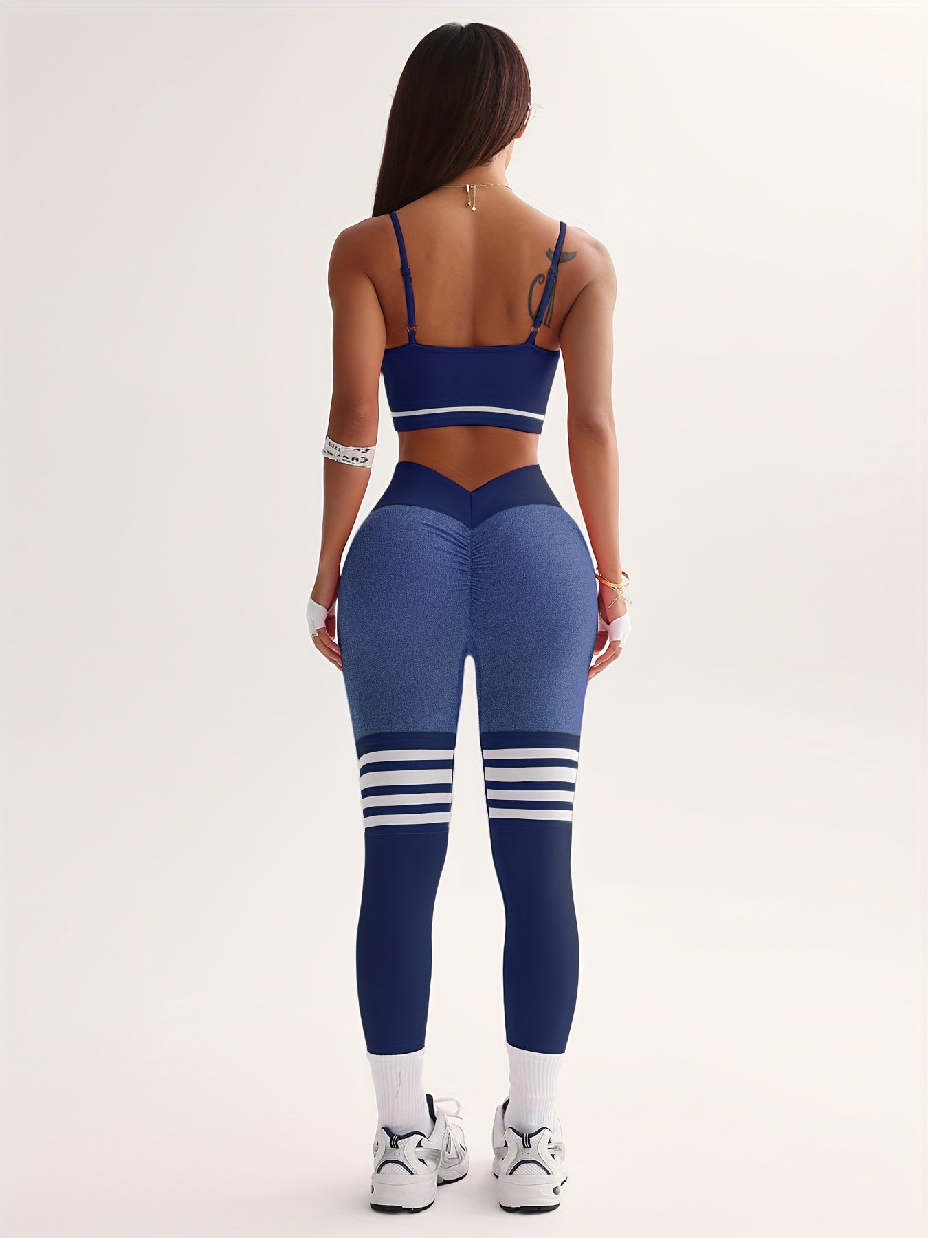 3pcs Women's Full Athletic Set - Seamless Striped Quick-Dry Sports Bra, Tight-Fitting Long Sleeve Gym Pants with Moai Panel Technology | High-Elasticity Moisture-Wicking Fabric for Running, Gymnastics, Training Outfit (All-Se