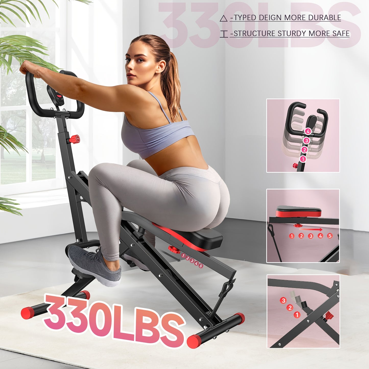 [Black Friday]Pink/Gray/Black/Red Row-N-Ride Squat Assist Trainer, Foldable & Easy Setup Exercise W/Adjustable Resistance, Home Training Machine For Arm, Glute & Leg Workout.Best Christmas Gift For Women/Men.