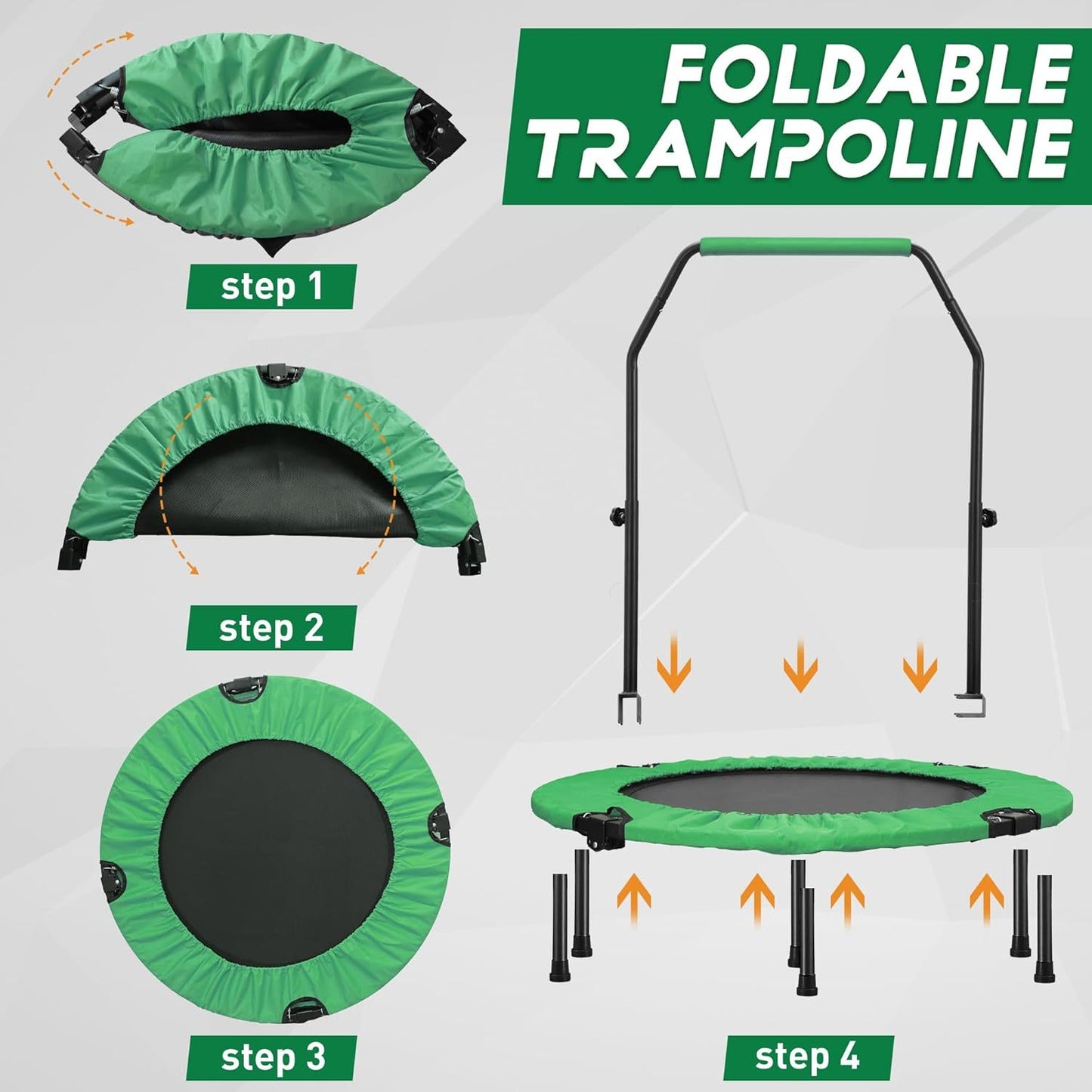 Foldable Mini Trampoline With Height-Adjustable Handle And Resistance Bands