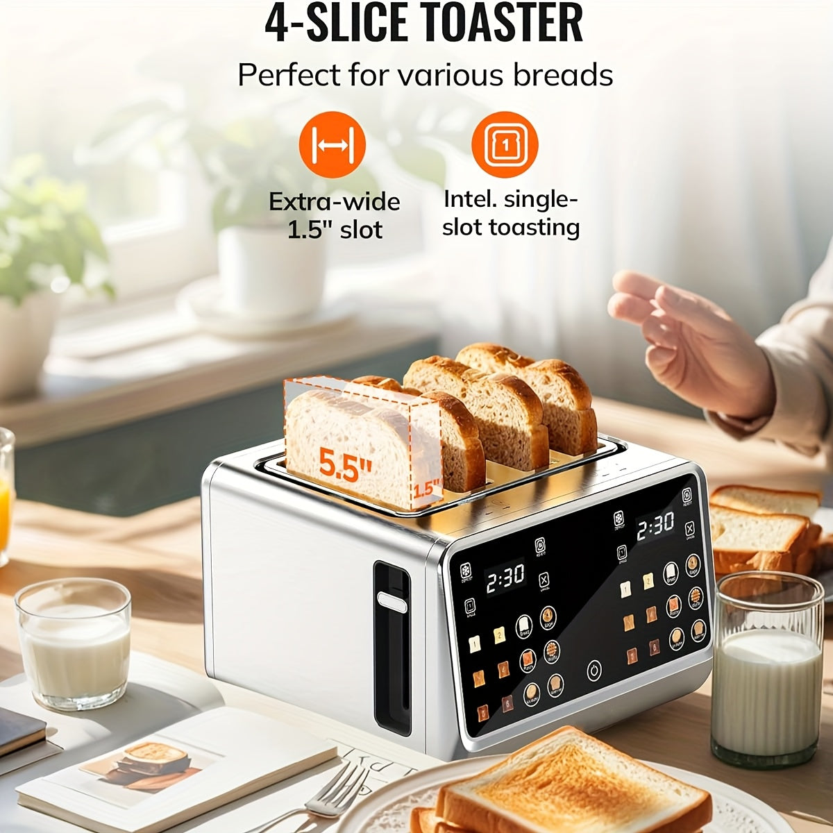 Toaster 4 Slice, Digital Smart Toaster with TouchScreen, Dual Control Panel, Single Slot Toasting, Timer, Reheat & Defrost for Bagels, Bread, Waffles, Stainless Steel Kitchen Essentials