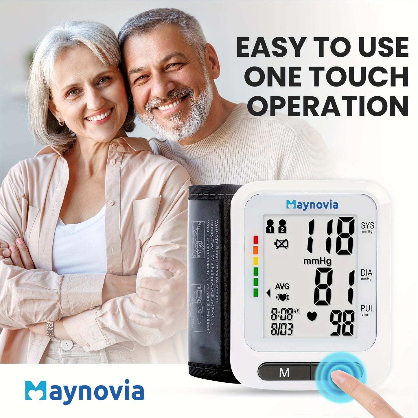 Maynovia Automatic Wrist Cuff Blood Pressure Monitors Large LED Display Hypertension Detector For Home Support 2 Users 120x2 Reading Memory With Carrying Box