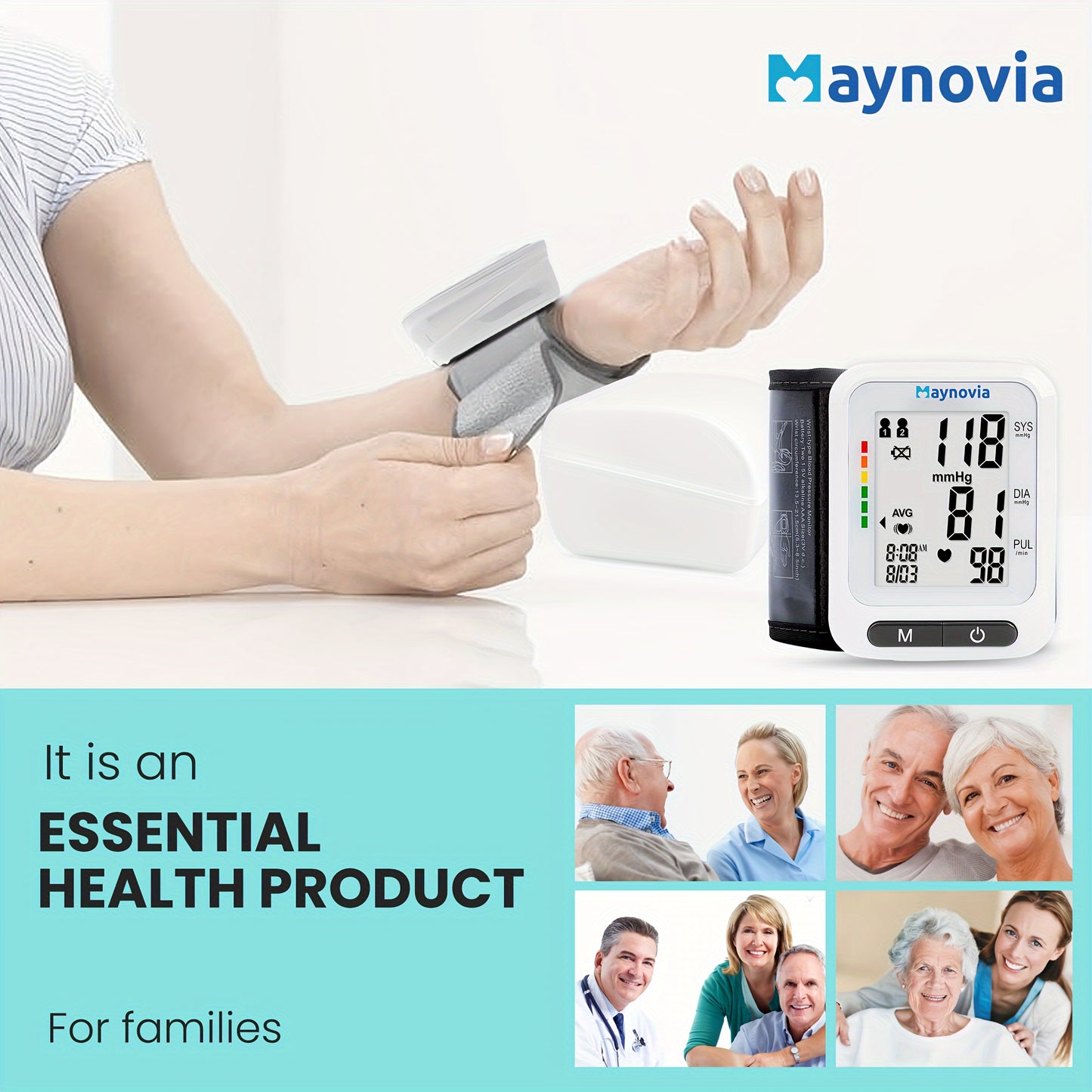 Maynovia Automatic Wrist Cuff Blood Pressure Monitors Large LED Display Hypertension Detector For Home Support 2 Users 120x2 Reading Memory With Carrying Box