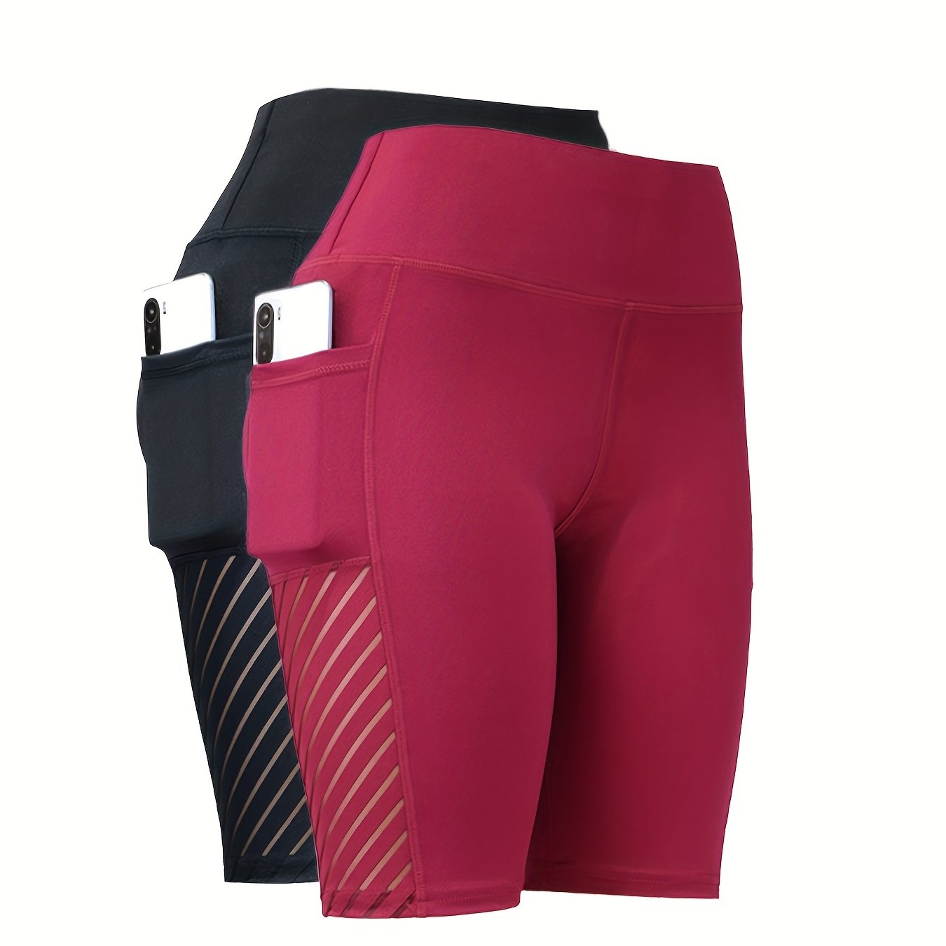 Multi-color Available, Two Pairs Of Women's High-waisted High Elastic with Pockets Yoga Shorts, Mesh Skeleton Breathable Tummy Tucking And Hip Lifting Elastic Capri Pants, Suitable for Gym Workout, Running And Leisure