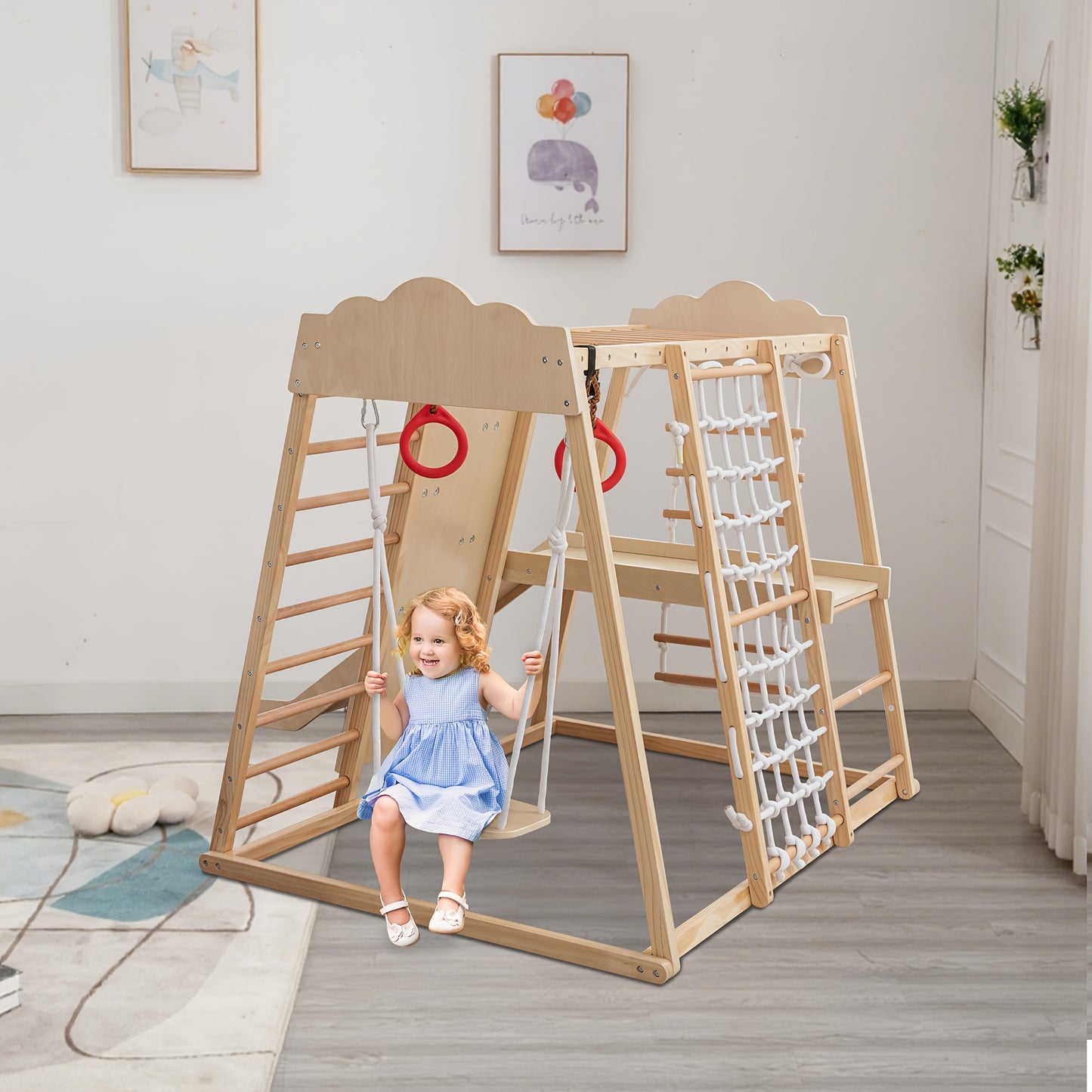 8-in-1 Indoor Jungle Gym Playset with Slide, Swing, Climbing Rocks & Net - Sturdy Wooden Construction, Soft Beige & Natural Wood Color, Multi-Level Activity Center with Ramp, Monkey Bars, Ring Toss, Storage Shelf - Safe Round