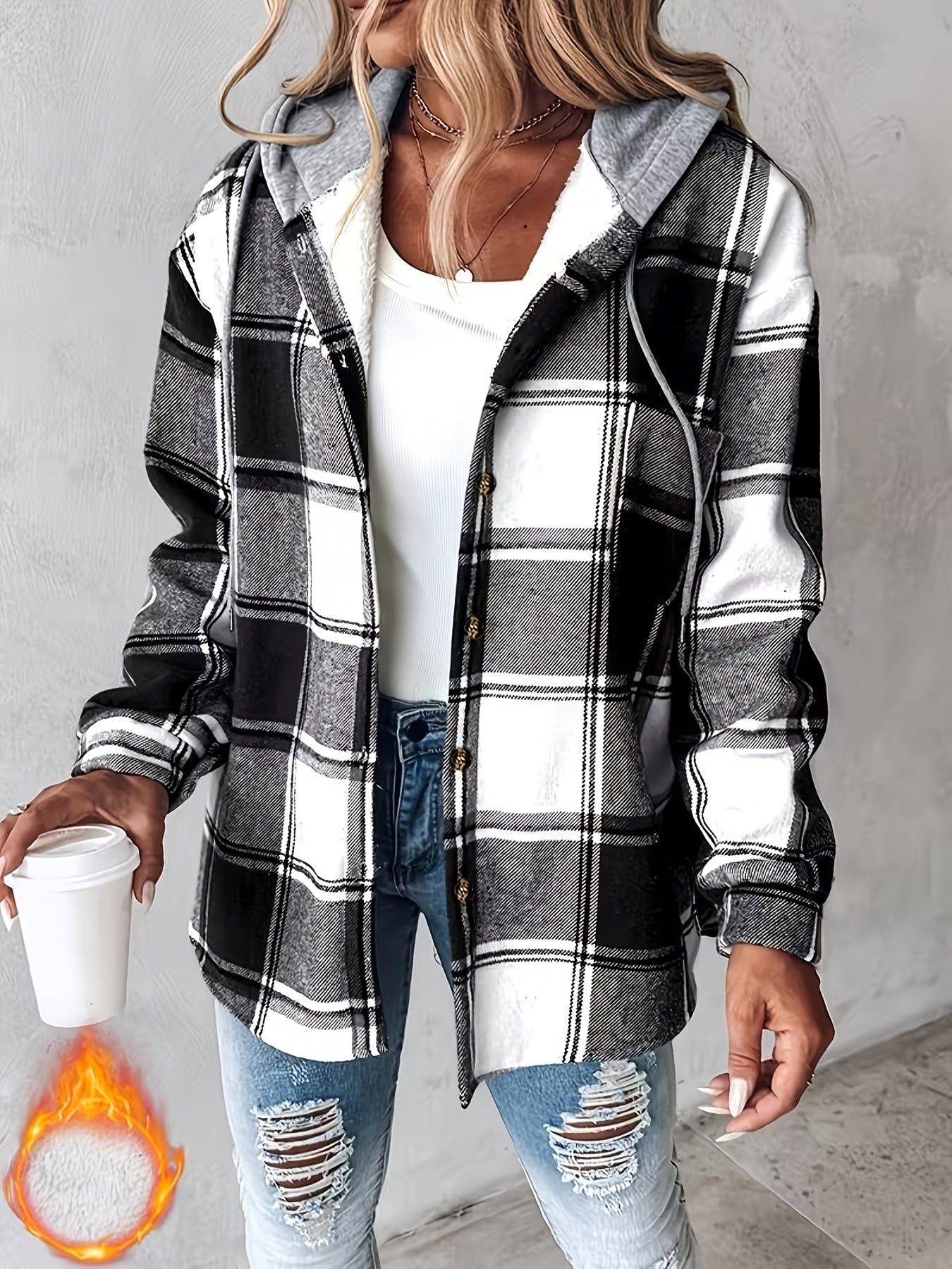 SCACTO Shacket Plaid Pattern Fleece-Lined Hooded Jacket