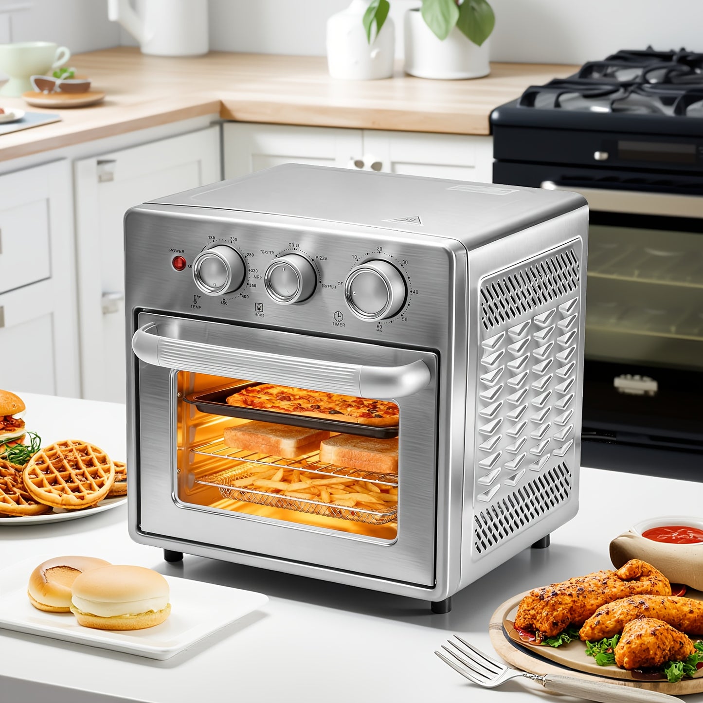 Air Fryer Toaster Oven Combo, Large/ Extra Large Countertop Convection Oven, 450°F, Stainless Steel, Includes 4/7 Accessories (Rotisserie, Tray, Rack, Pan)