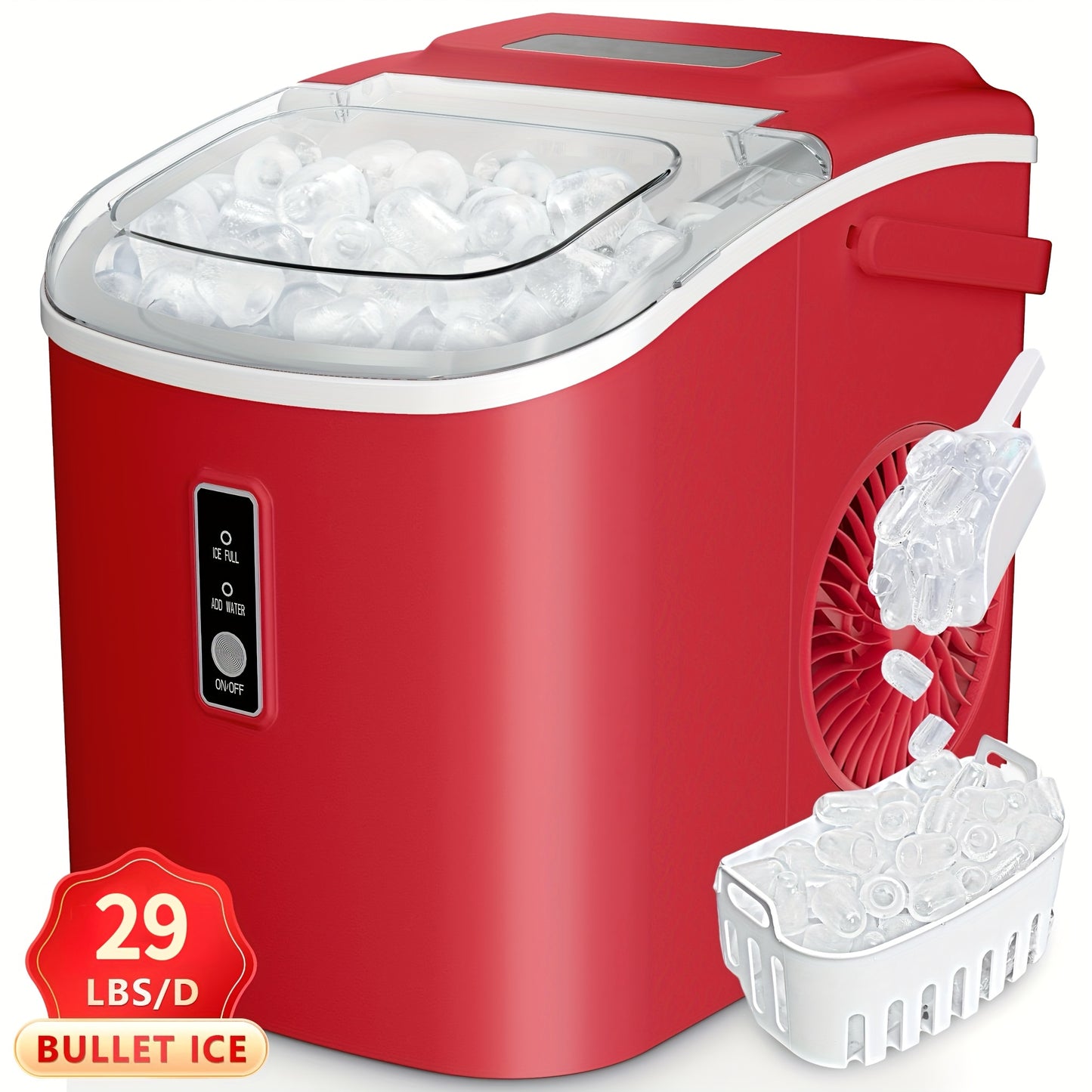 26/29Lbs Bullet Ice Maker, Produces Ice in 6 Minutes, Features Self-Cleaning, And Is a Portable Countertop Ice Machine Complete with a Scoop And Basket, Suitable for Home, Office, RV, Or Camping