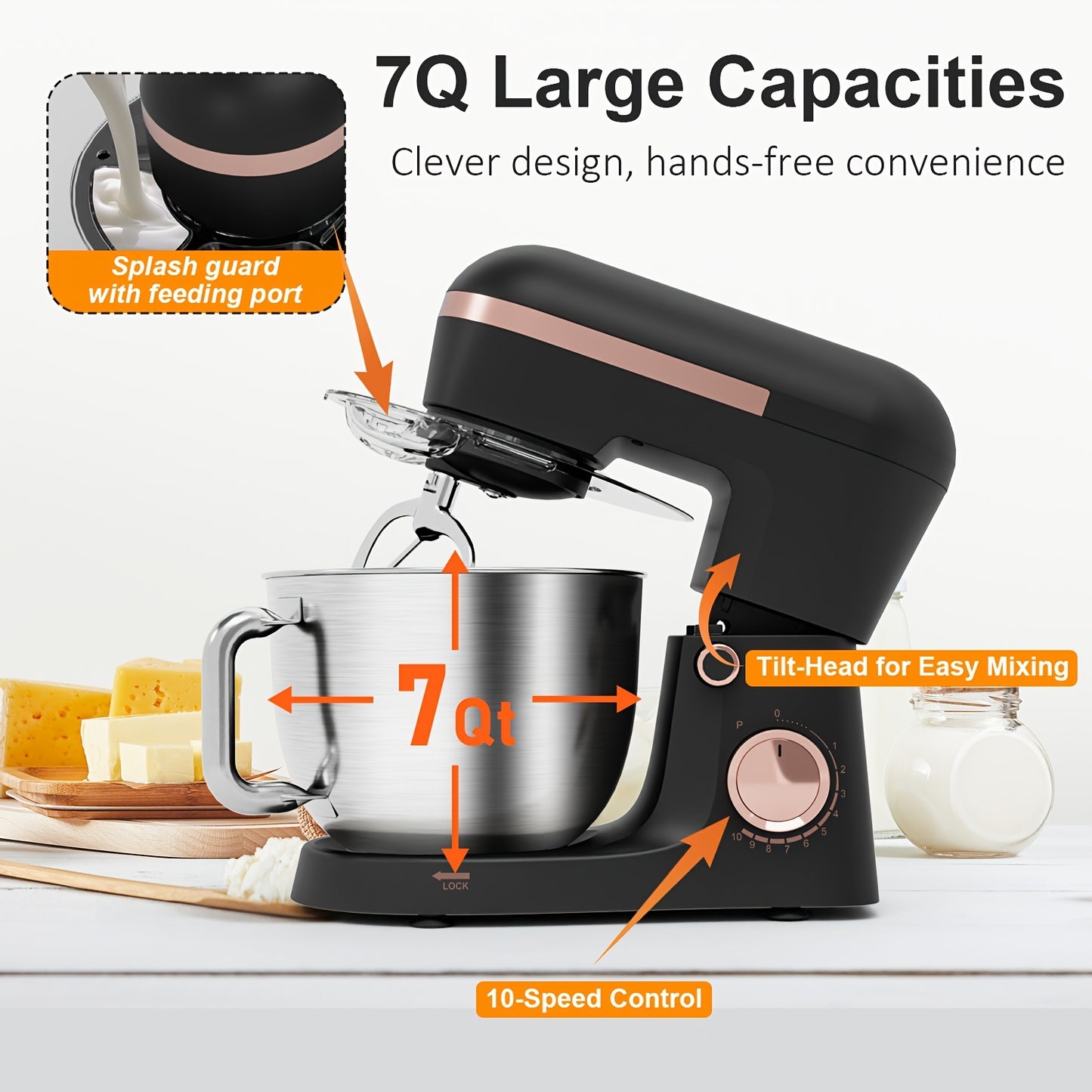 7QT Stand Mixer, 10+P Speeds Powerful Electric Kitchen Mixer With Dough Hook, Beater, Whisk And Splash Guard With Pour Spout, Food Mixer For Baking, Cooking