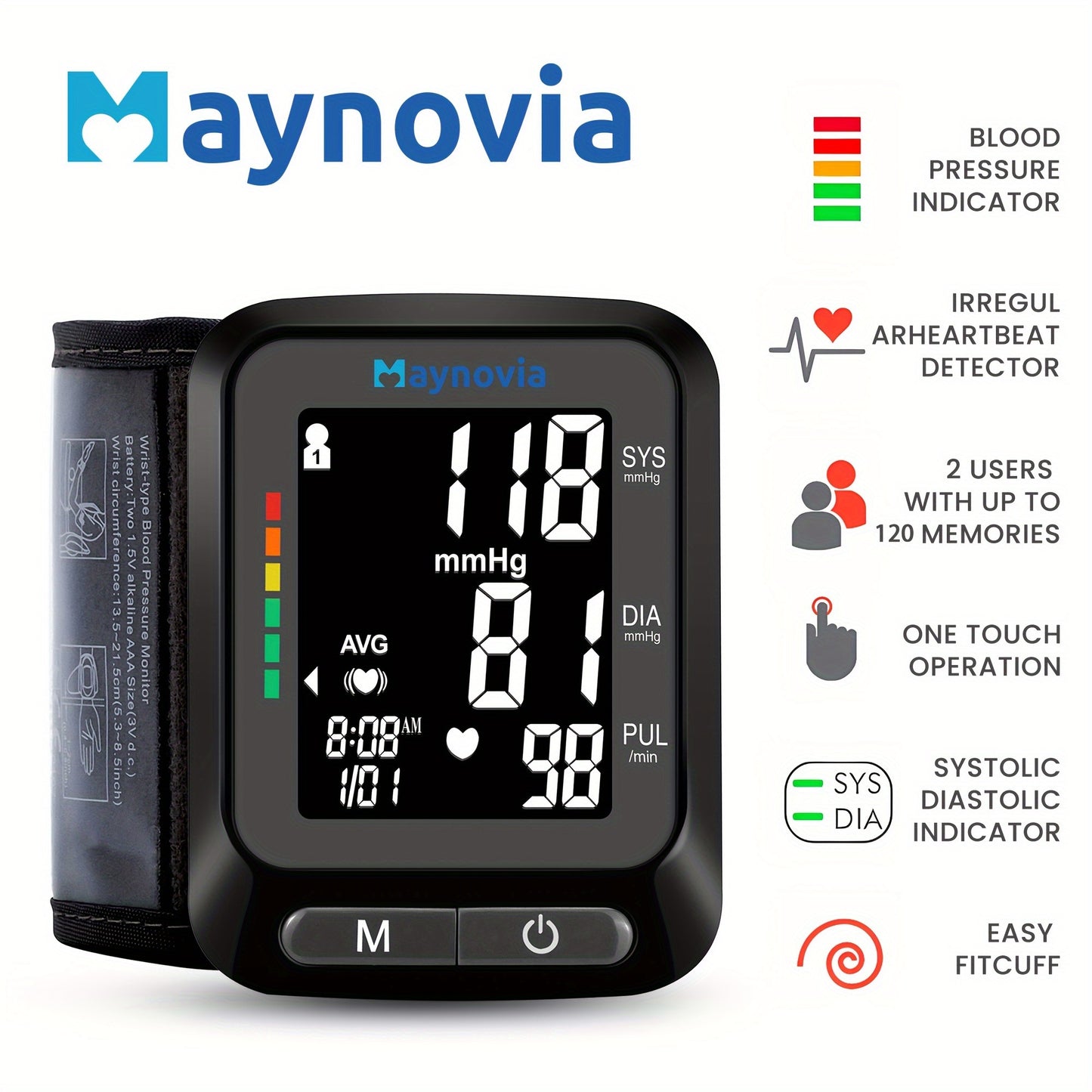 Maynovia Automatic Wrist Cuff Blood Pressure Monitors Large LED Display Hypertension Detector For Home Support 2 Users 120x2 Reading Memory With Carrying Box