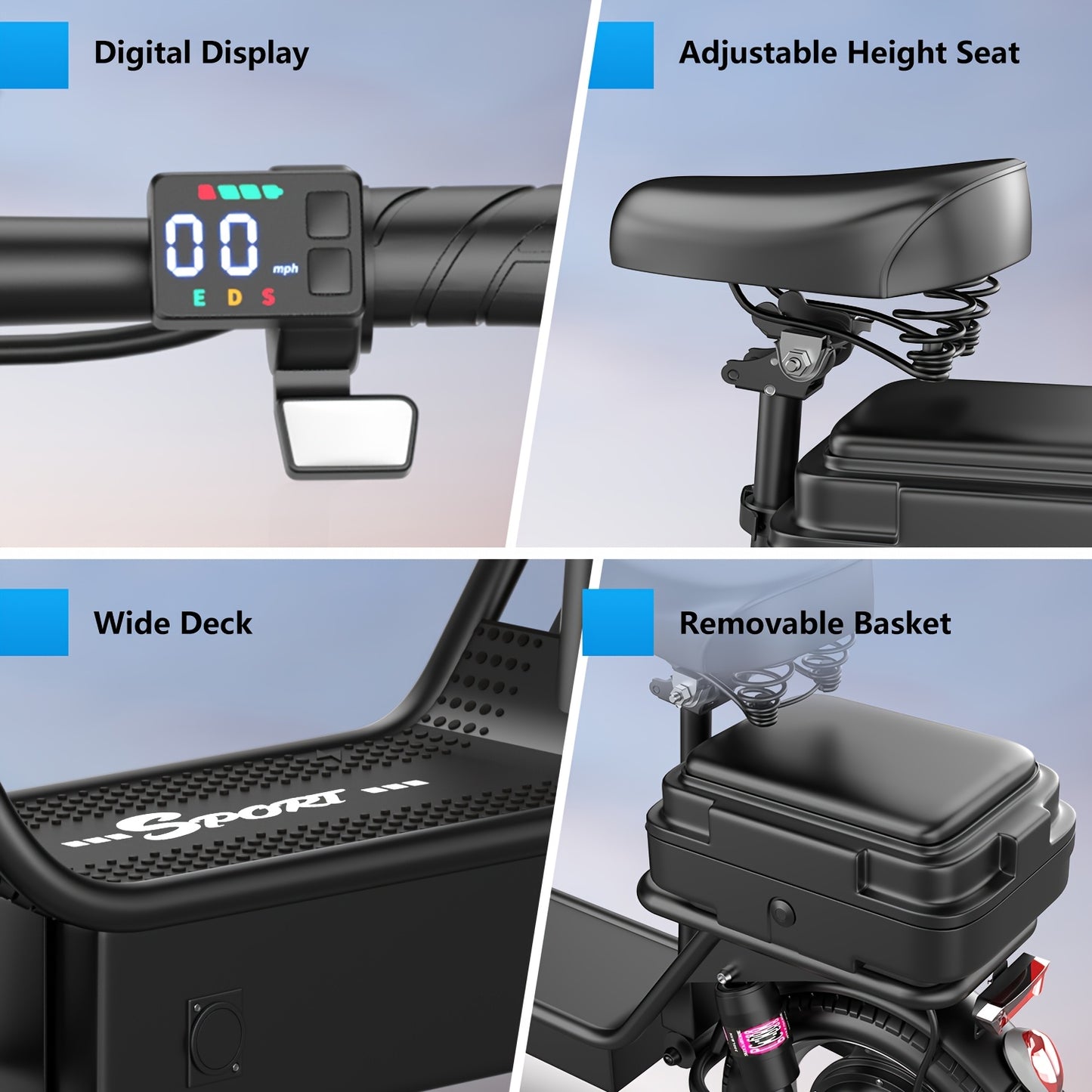 Electric Scooter for Adults Featuring a 650W/350W Peak Motor, Capable of Covering Distances of 21 to 30 Miles. It Includes a Seat, Box, And Basket, Along with Disc Brakes. The Scooter Operates on a 48V 15A Or 36V 7.5A System