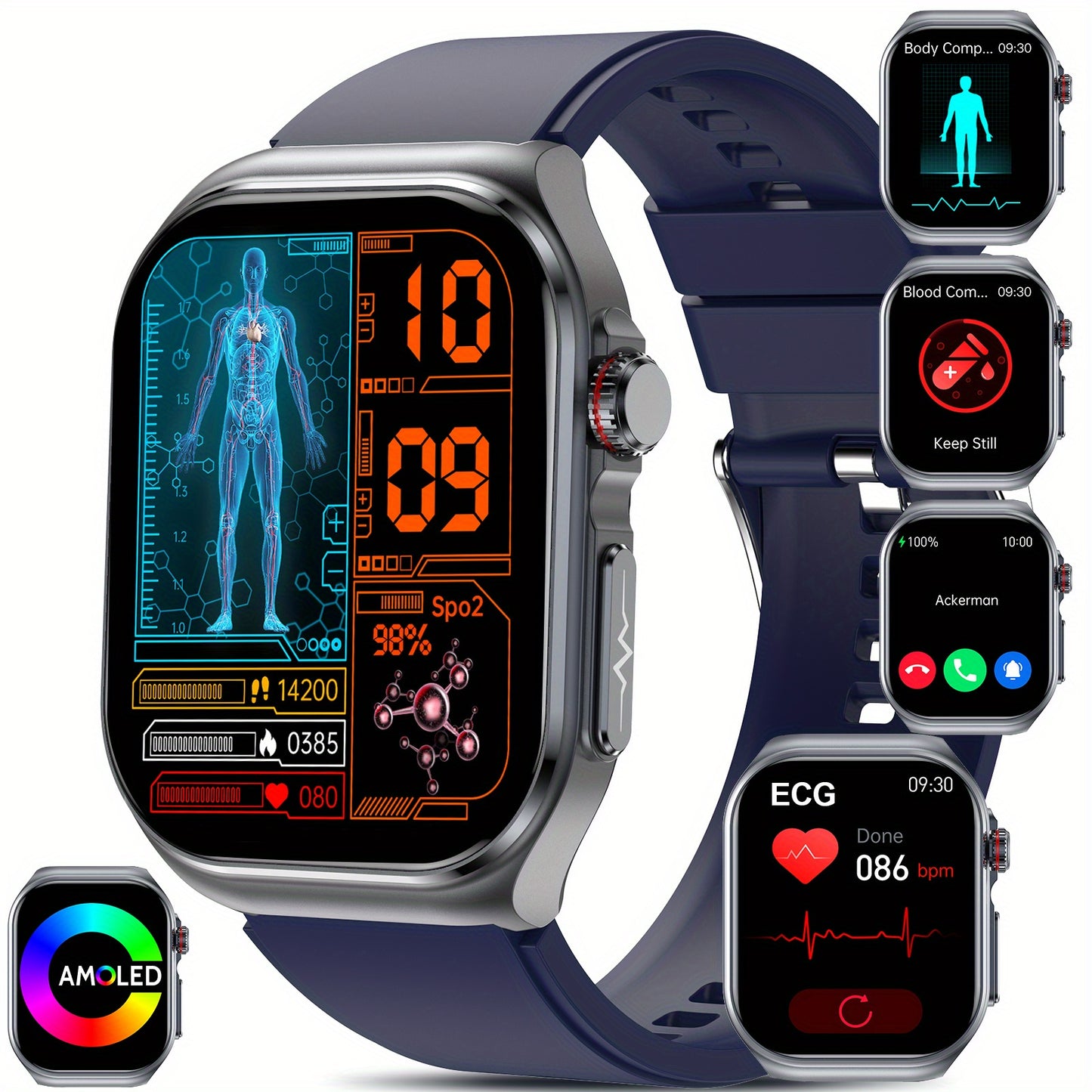 Smartwatch with 2.04" AMOLED Display, Long-Lasting Battery, Wireless Calling & NFC, Compatible for Android/iOS Smartphones, Voice Assistant/SOS, Menstrual Tracker & Weather App, Magnetic Charging, Unisex Smartwatch for Men &