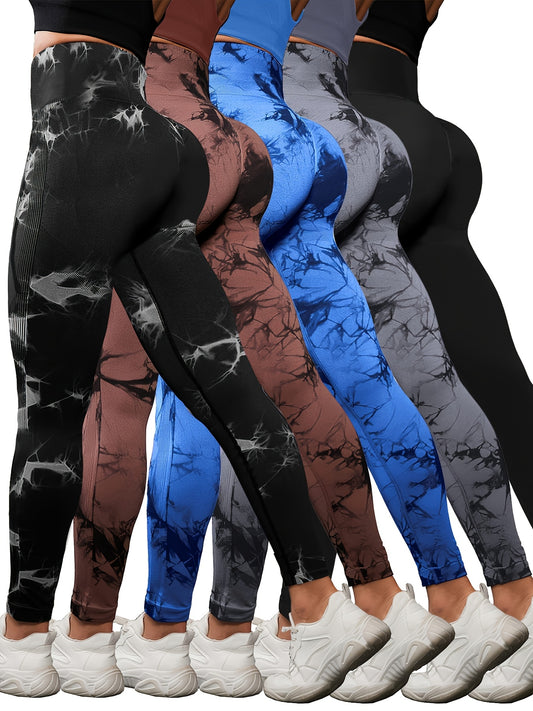 5pcs Women's High Waisted Tummy Control Workout Leggings - Full Coverage Non-Sheer Soft Athletic Pants with Opaque Fabric for Running, Yoga, Gym, Bootcamp & for all-Season Wear (Machine Washable) - Tummy Smoothing Gym Suit