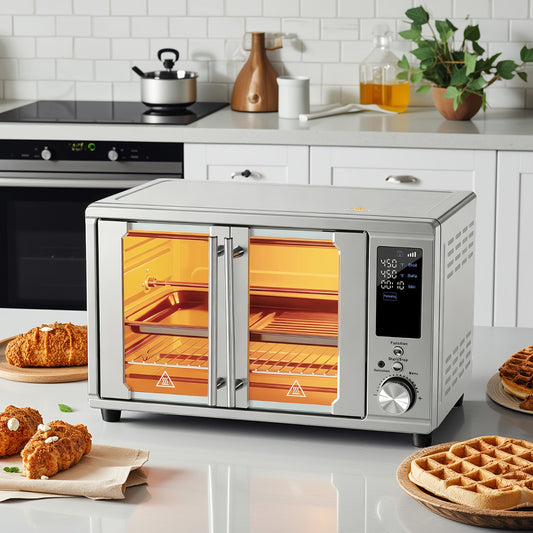 Air Fryer Toaster Oven Combo, Large/ Extra Large Countertop Convection Oven, 450°F, Stainless Steel, Includes 4/7 Accessories (Rotisserie, Tray, Rack, Pan)
