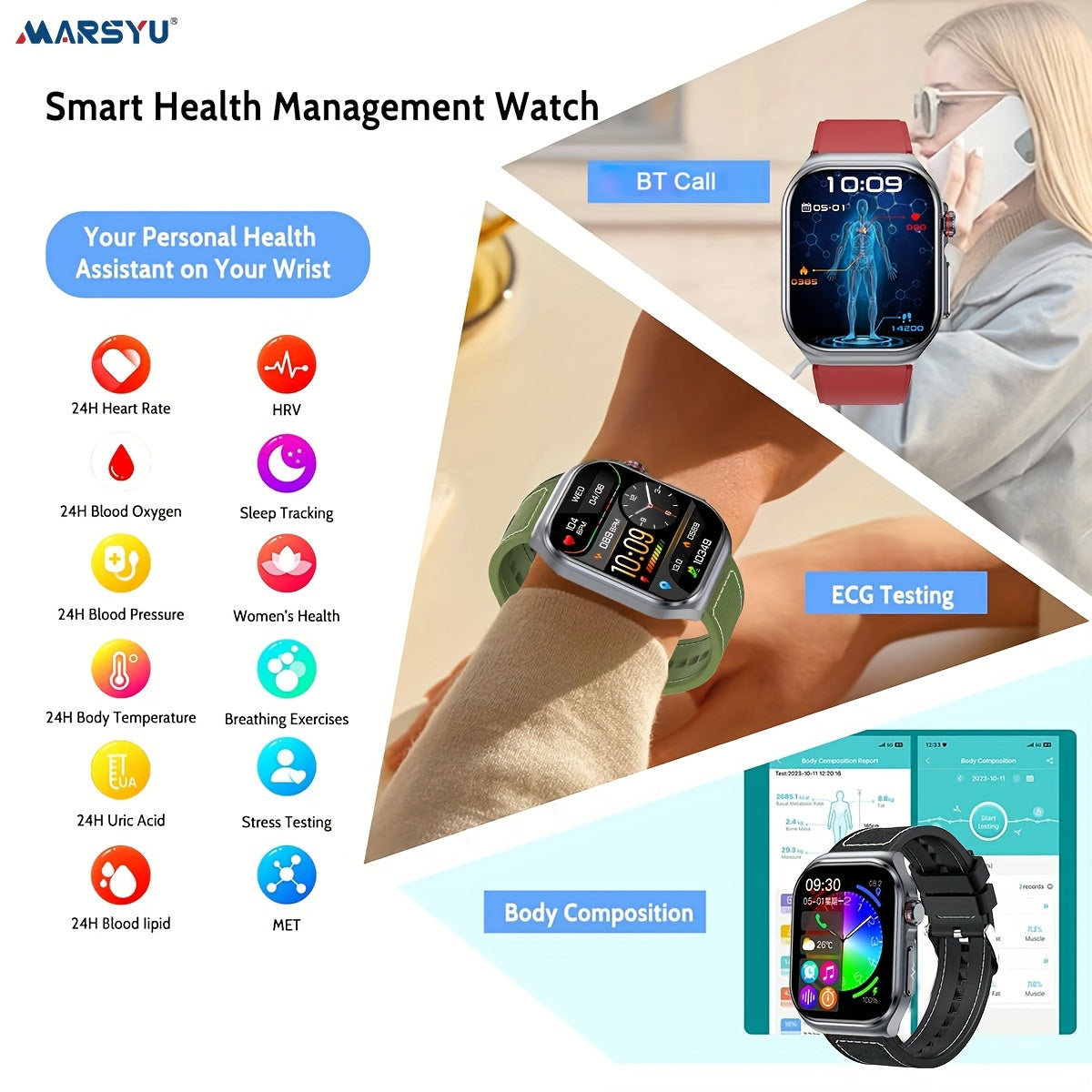 Smartwatch with 2.04" AMOLED Display, Long-Lasting Battery, Wireless Calling & NFC, Compatible for Android/iOS Smartphones, Voice Assistant/SOS, Menstrual Tracker & Weather App, Magnetic Charging, Unisex Smartwatch for Men &