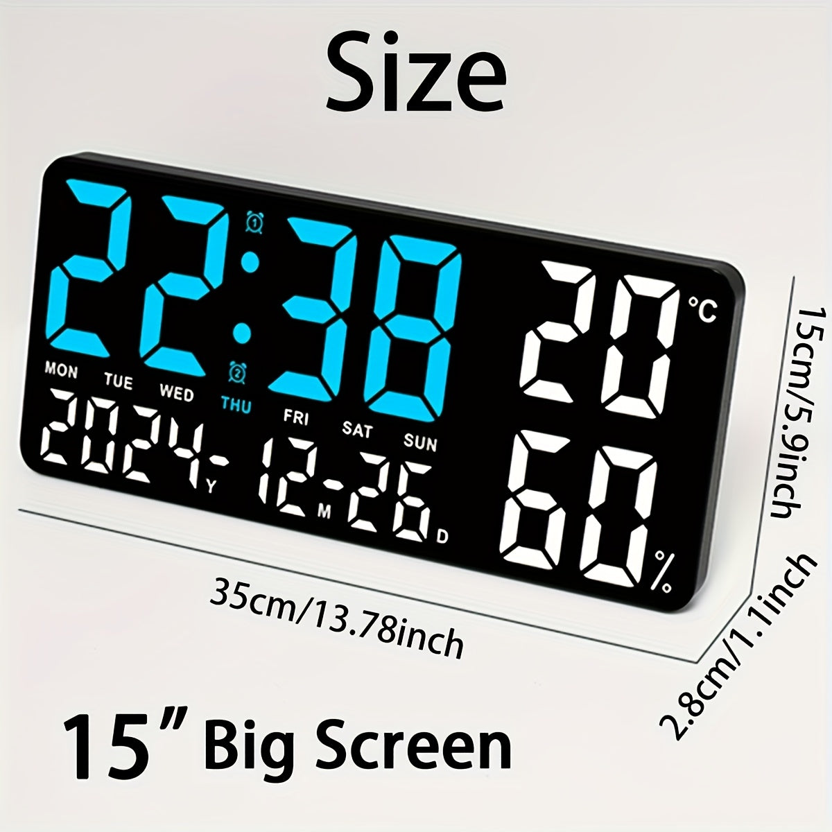 15" Modern Large Screen LED Alarm Clock with Date, Week, Temp, Humidity, Timer, Remote & Adjustable Brightness - Stylish Gift for Dad, Ideal for Seniors, Bedroom, Office, Or Living Room