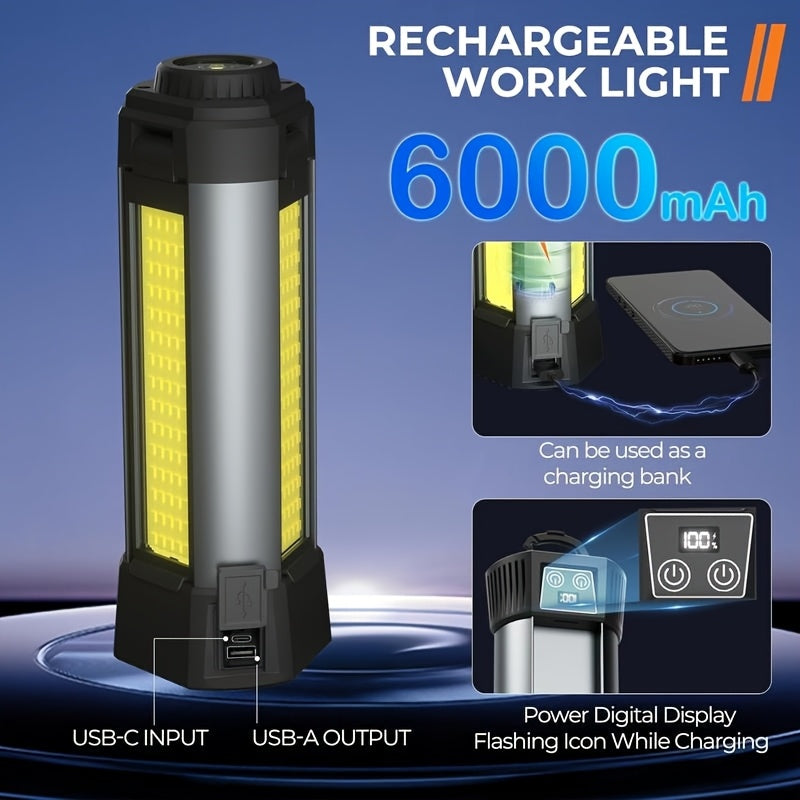 Rechargeable Camping Light with Stand, 47" Cordless Work Light with 3 LED Lamp Heads, 2000LUMEN Dimmable Magnetic Emergency Flashlight with Detachable Tripod for Outdoor Indoor