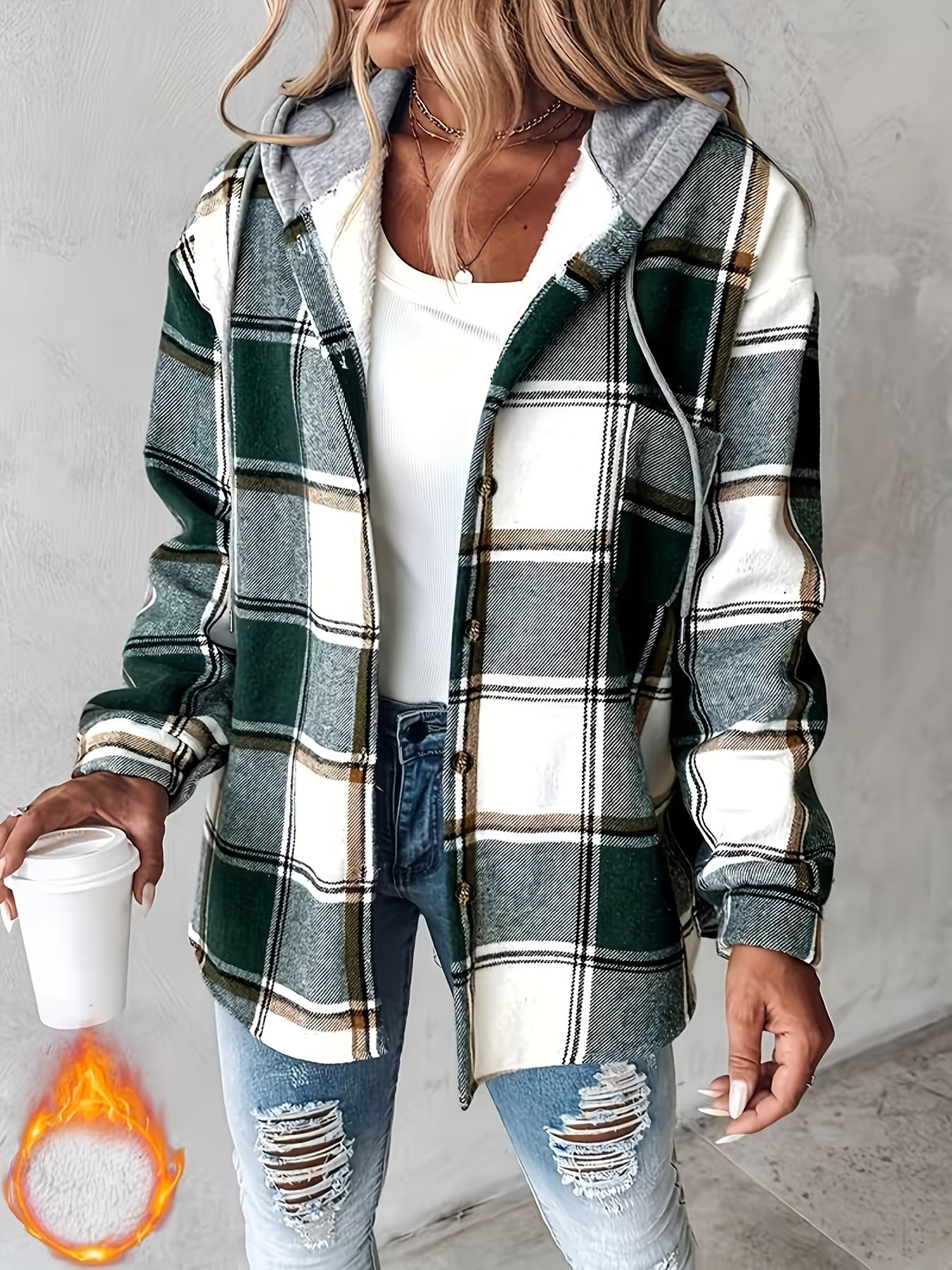 SCACTO Shacket Plaid Pattern Fleece-Lined Hooded Jacket