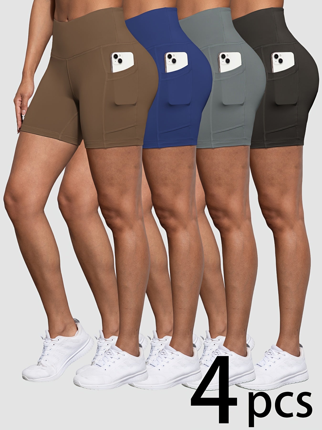 4 Pack Biker Shorts for Women with Pockets, 5" High Waisted Tummy Control Workout Yoga Running Gym Tennis Shorts
