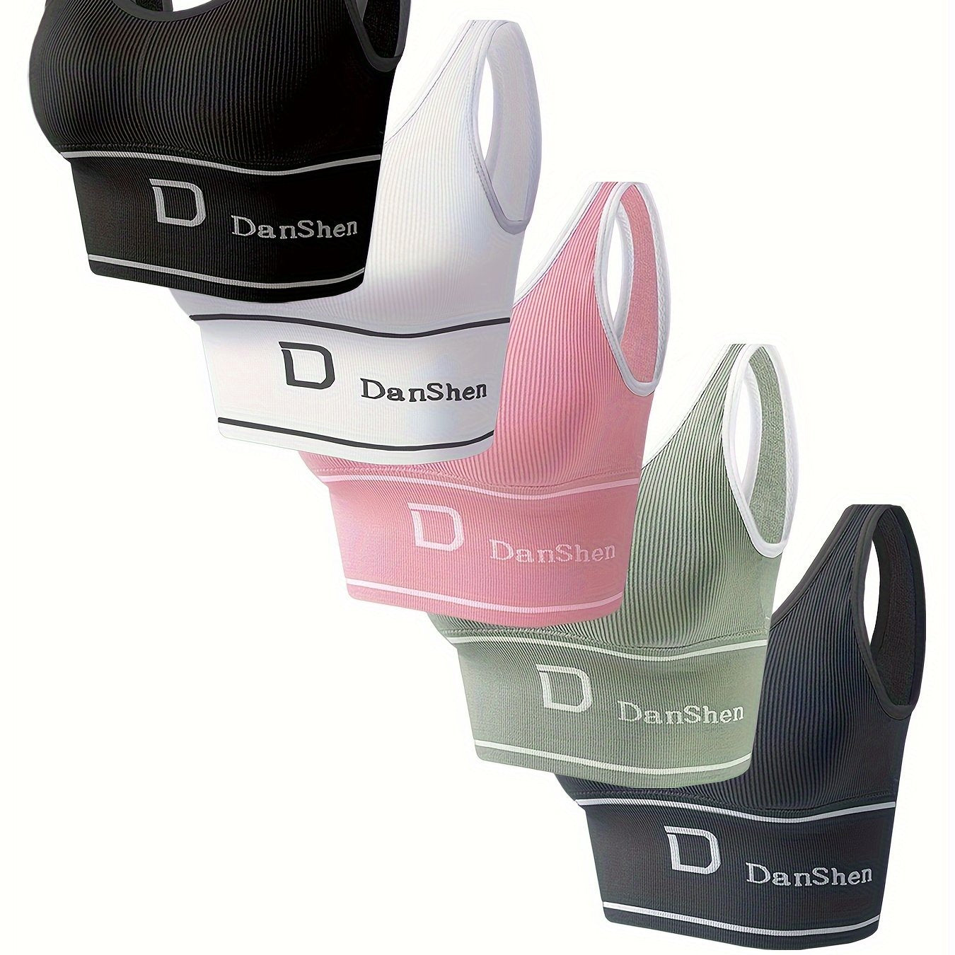 5pcs Sports Bras, Wireless, Full Coverage, High Elasticity, for Yoga and Running, Breathable Nylon Blend, Machine Washable, Various Colors, with Fashionable Prints