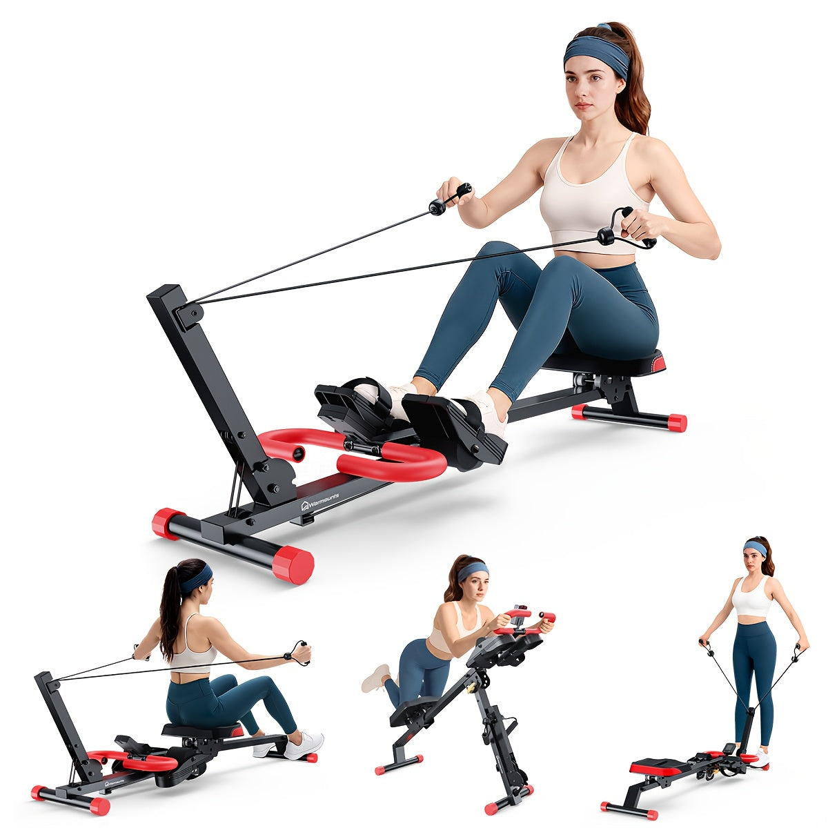 WARMOUNTS Rowing Machine, 4-in-1 Foldable for Home Gym, 2-Level Adjustable Resistance, 4 Adjustable Handle Heights, LCD Monitor, 260 lbs Capacity, Without Battery