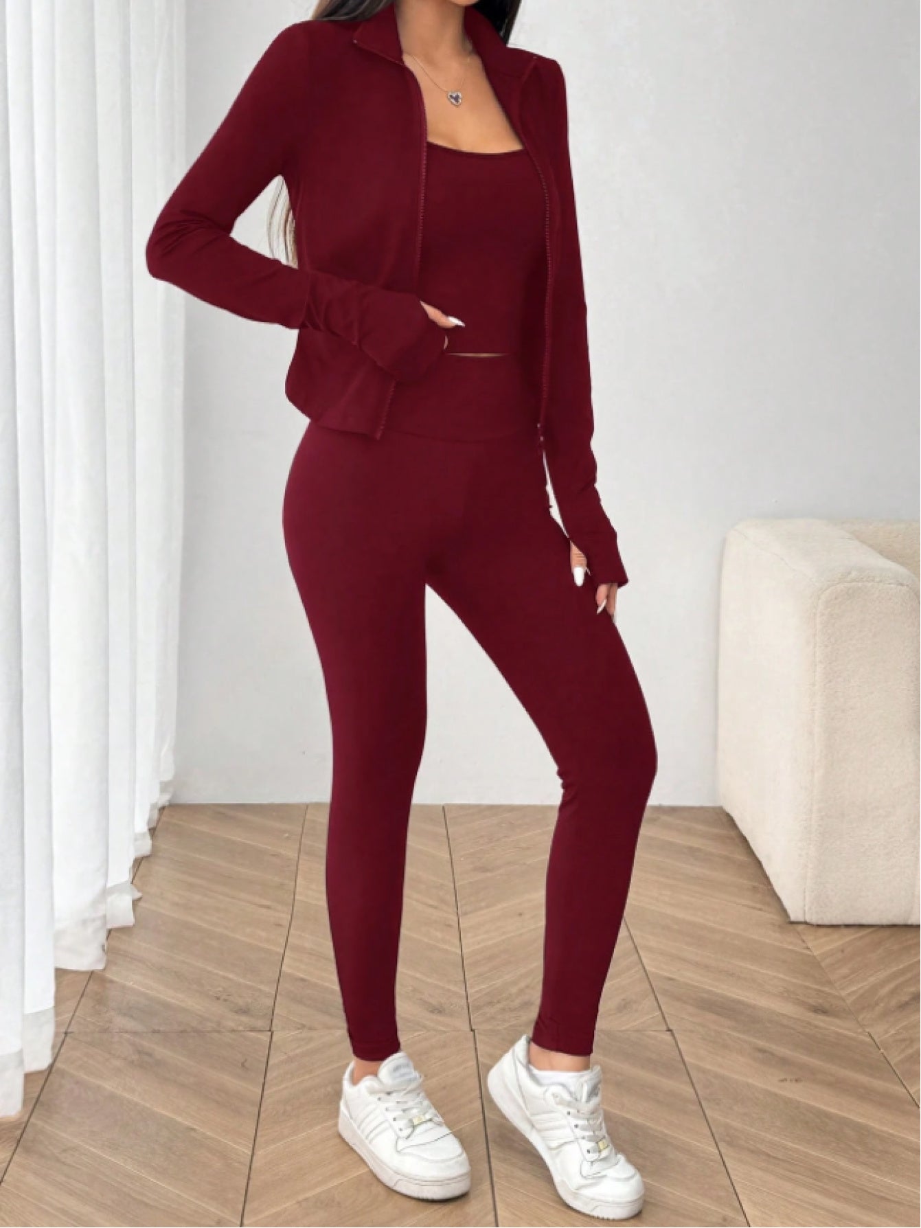 Yoga Set Zip-Up Cardigan, Camisole And Leggings Polyester Blend