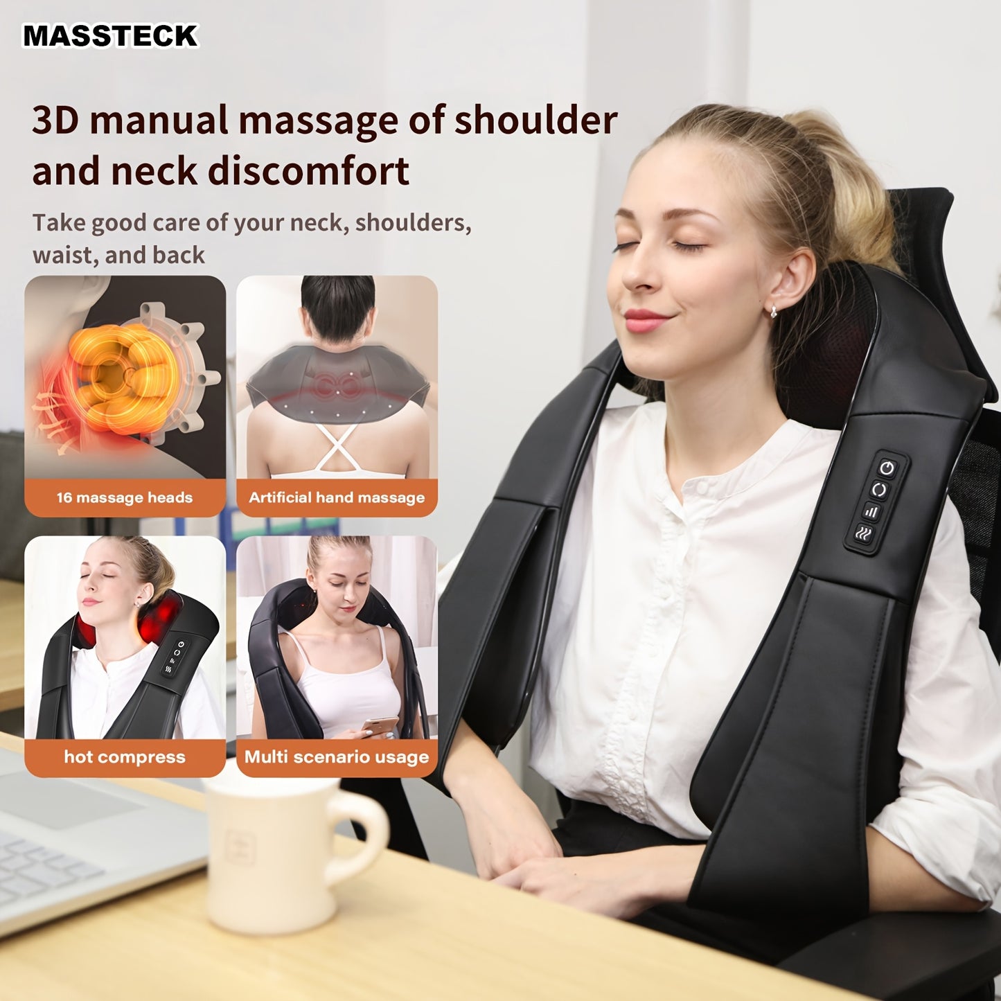 MASSTECK Shiatsu Neck Massager with Heat, 3D Kneading for Neck Back Shoulder, Relax at Home Office & Car, Gift for Mom Dad Women Men, Christmas Gift