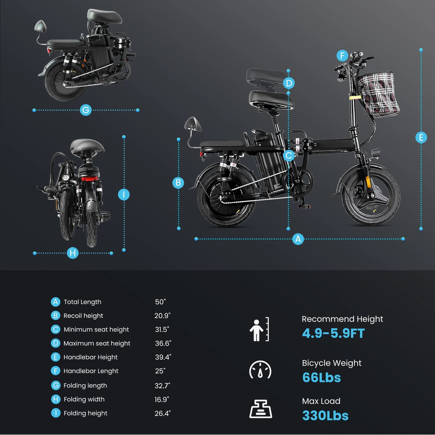 Electric Scooter For Adults 14" Folding Electric Bike Up To 25 MPH 45 Miles 48V Removable Battery Multiple Suspension E Bike