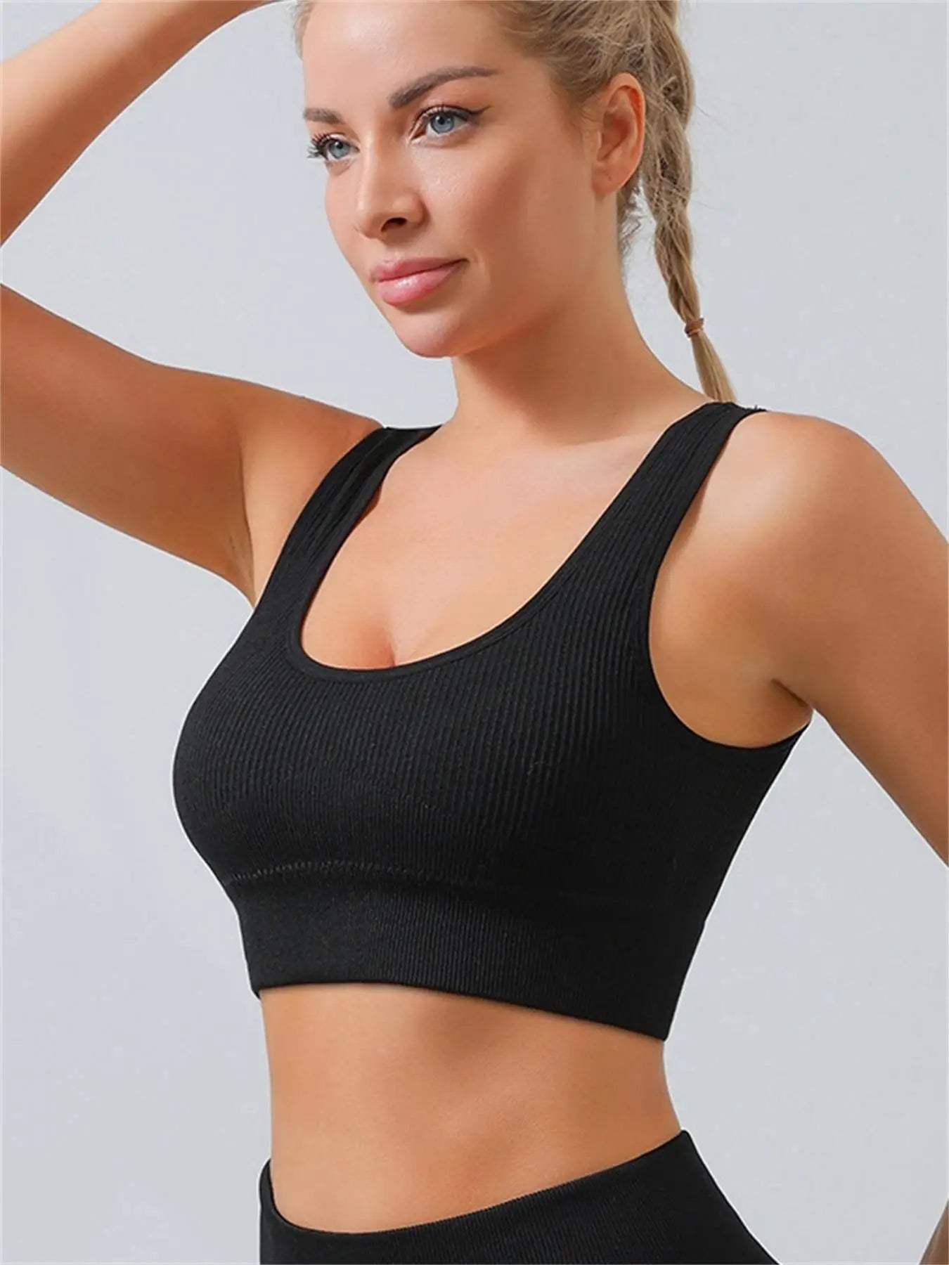 Women's solid color threaded yoga underwear seamless knit sports vest Fitness Yoga U-bra, Embedded chest pad