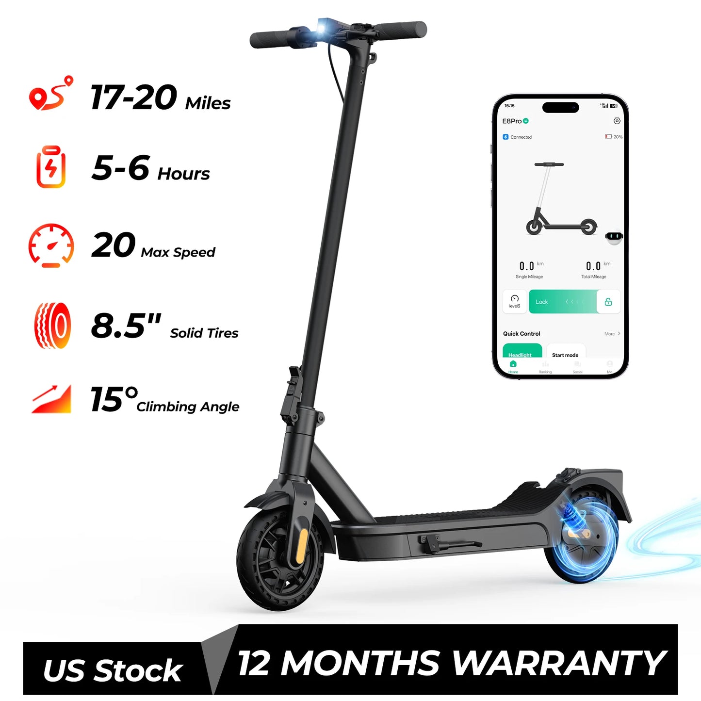Foldable Adult E-Scooter 1000/500W 20MPH 10/8.5 Inch Non-slip Tire 40/20 Miles Long Range Dual Shock Absorption APP Control