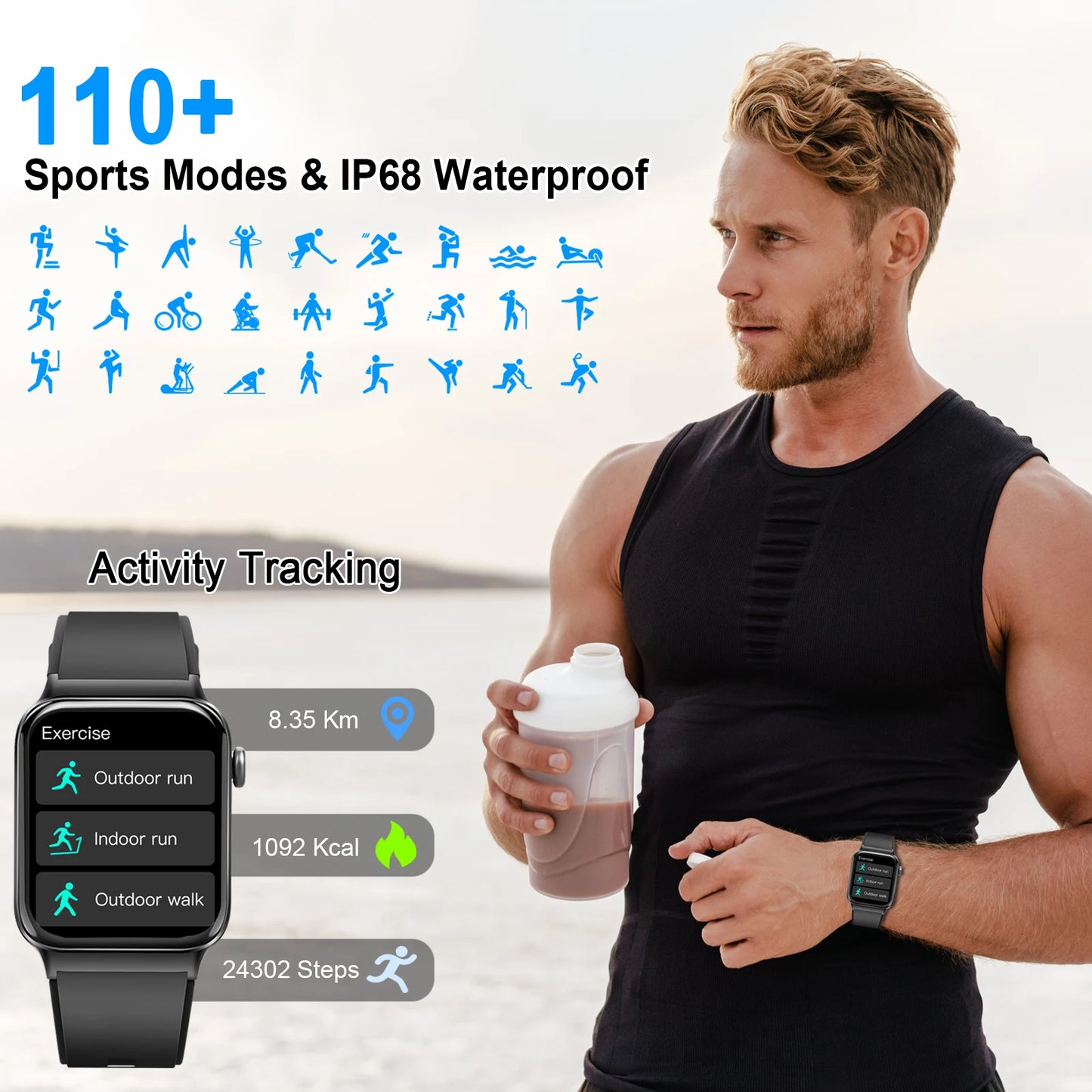 Smart Watch, 1.85" Smartwatch (Answer/Make Call), IP68 Waterproof Fitness Tracker, 100+ Sport Modes, Heart Rate and Sleep Monito