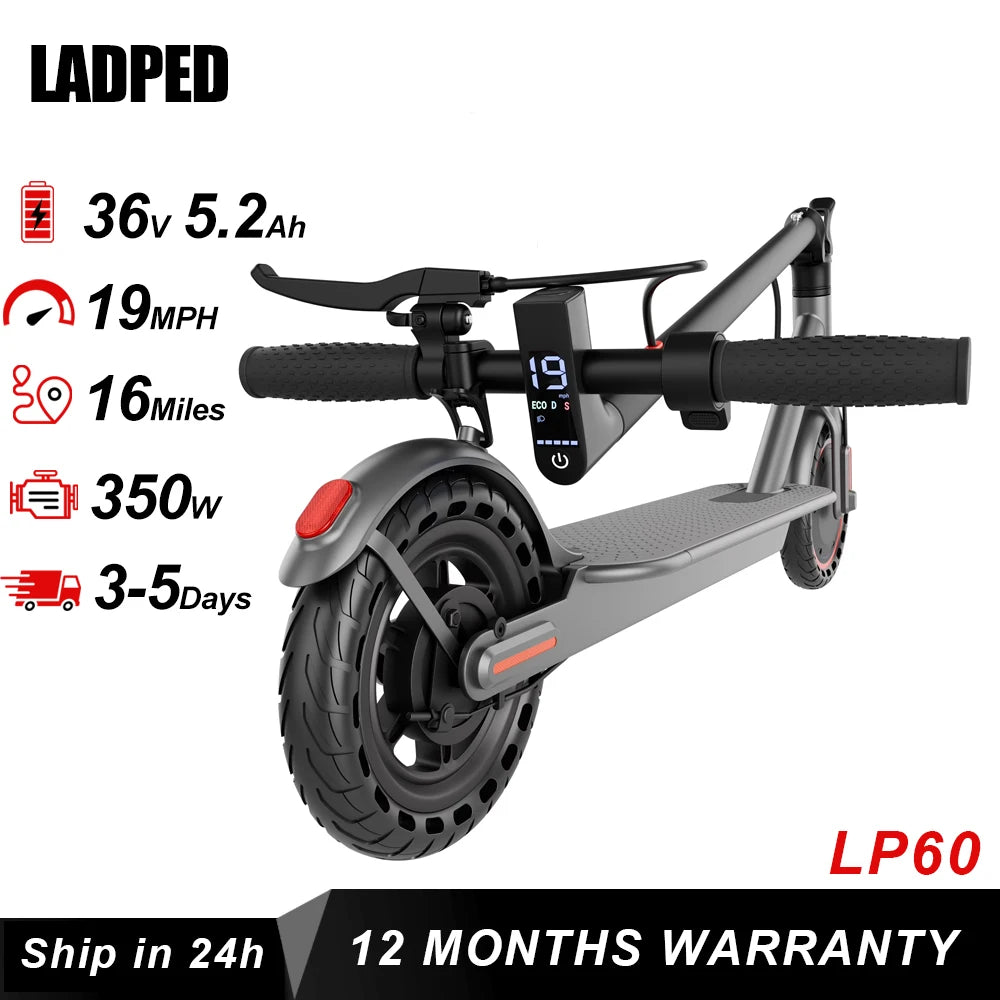 2026 LADPED LP60 Electric Scooter 350W Max 19mph Speed 8.5inch Tire Folding Design with 16 Miles Range for Adult Urban Commuting