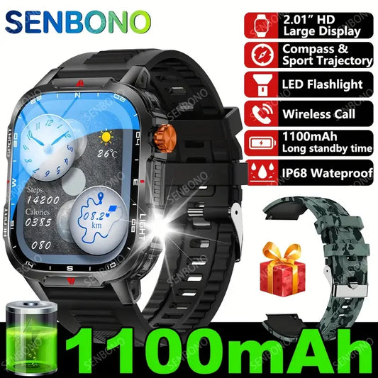 SENBONO Men's Smart Watch 1100mAh Battery 25+ Day Use Time Bluetooth Call Compass IP68 Waterproof Sport Smartwatch For Men Women