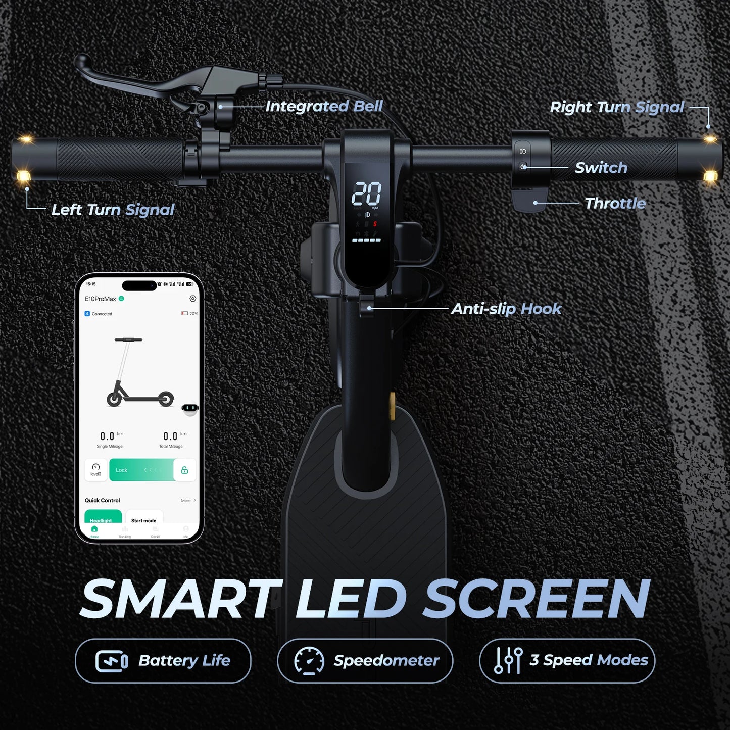 E10 Electric Scooter 1000W 20mph Max Speed 10" Tubeless Tire Folding E-Scooter 40miles Max Range Dual Suspension APP for Adult
