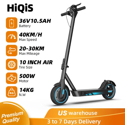 HiQiS V10 E-scooter 500WMotor 36V 10.5Ah 25MPH Speed 22mile Range Foldable E-scooter 10inch Air Tire Electric Scooter for Adults