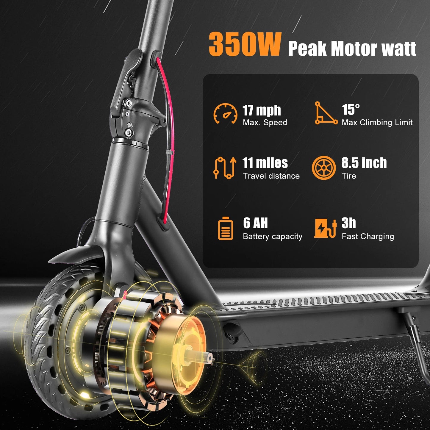 350W Folding Electric Scooter For Adults Long Range 8.5" Puncture-Proof Tires 265 LB Load Ultra-Compact Commuter E-Scooter
