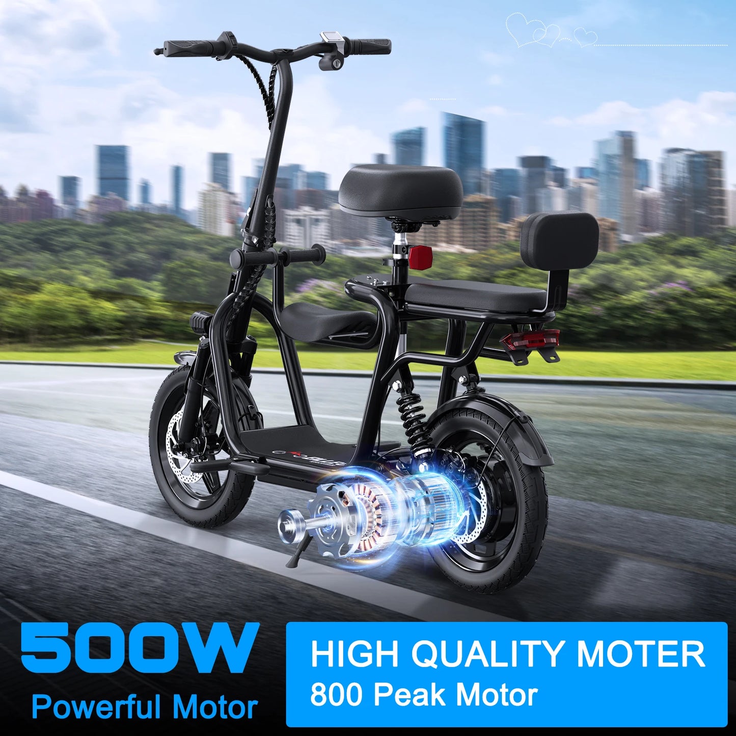 Spacewalk 36V Electric Scooter with 3 Seats for Adults Power by 500W Motor Peak, E Bike with 14" Tire and 20 Miles Range&17.4Mph