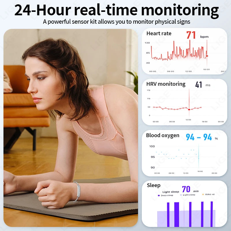 LIGE New Lady Smart Bracelet Waterproof Heart Rate Sleep Monitor Wristband Real-time Health Smartband Smartwatch For Android IOS
