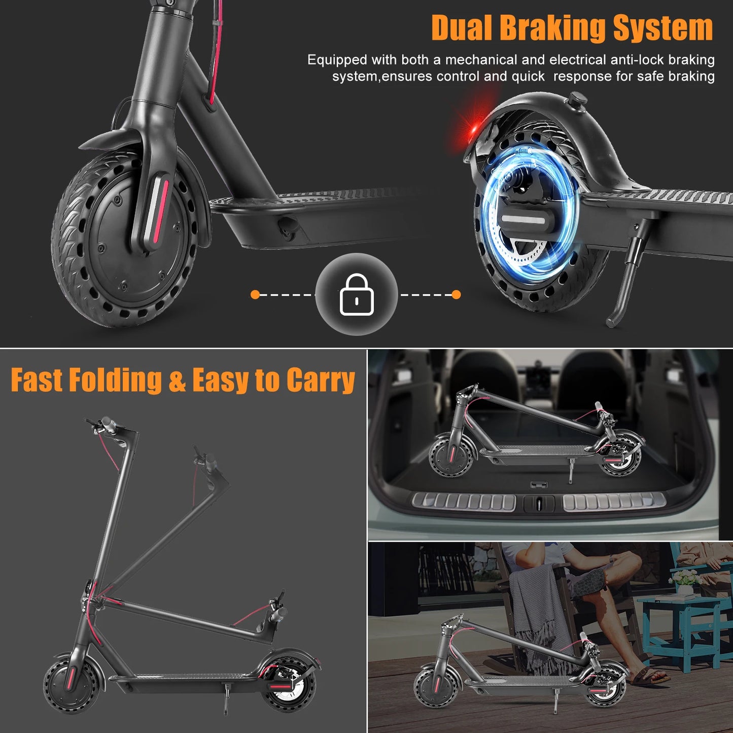 350W Folding Electric Scooter For Adults Long Range 8.5" Puncture-Proof Tires 265 LB Load Ultra-Compact Commuter E-Scooter