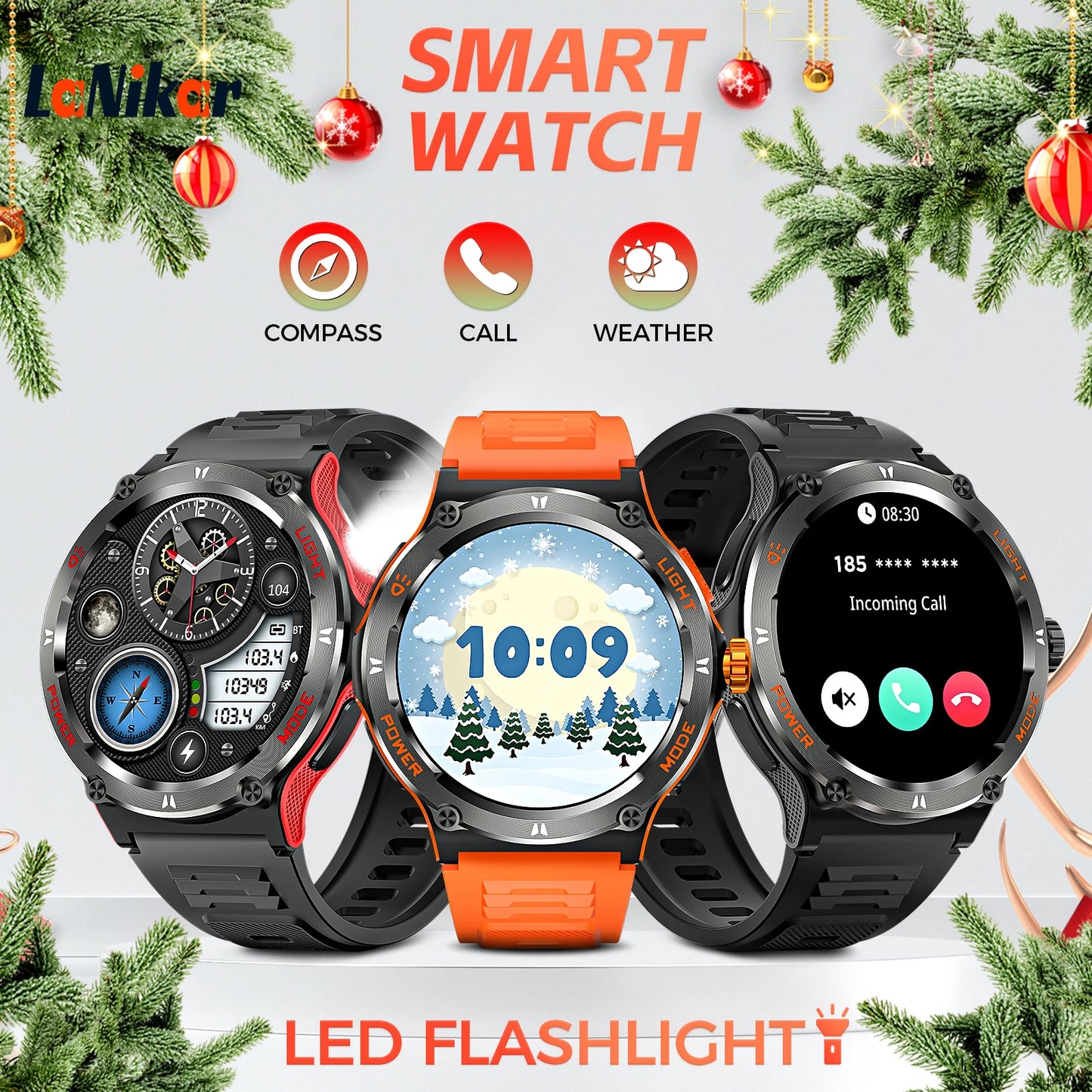 LaNikar Smart Watch 3ATM Waterproof 1.53" New KT76 Men Sport With Compass And LED Flashlight Heart Rate Sleep Analysis Bluetooth