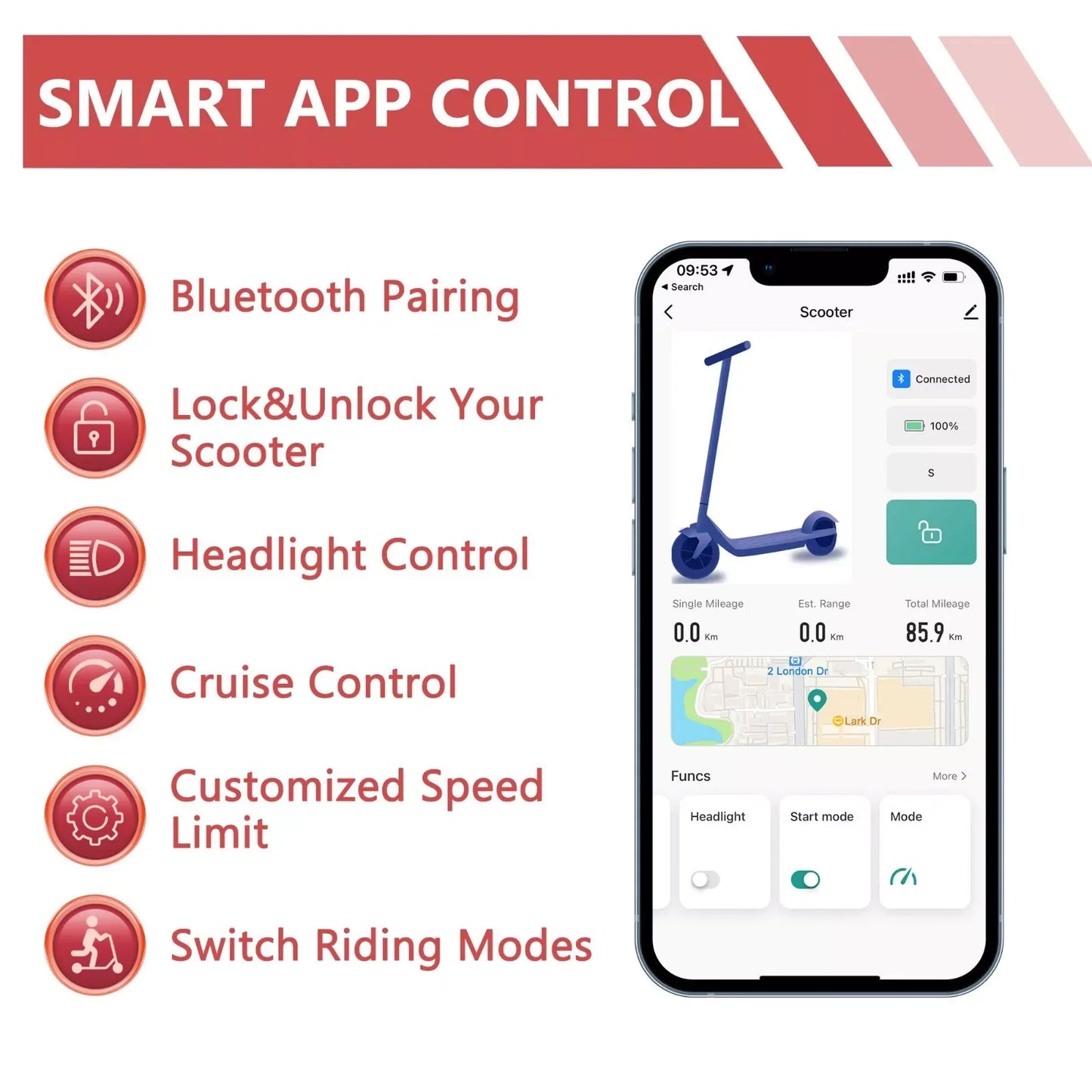 LADPED Electric Scooter 350W 19mph APP Smart Scooter Shock-absorbing Anti-skid ‎8.5 Inches Folding waterproof Electric Scooter
