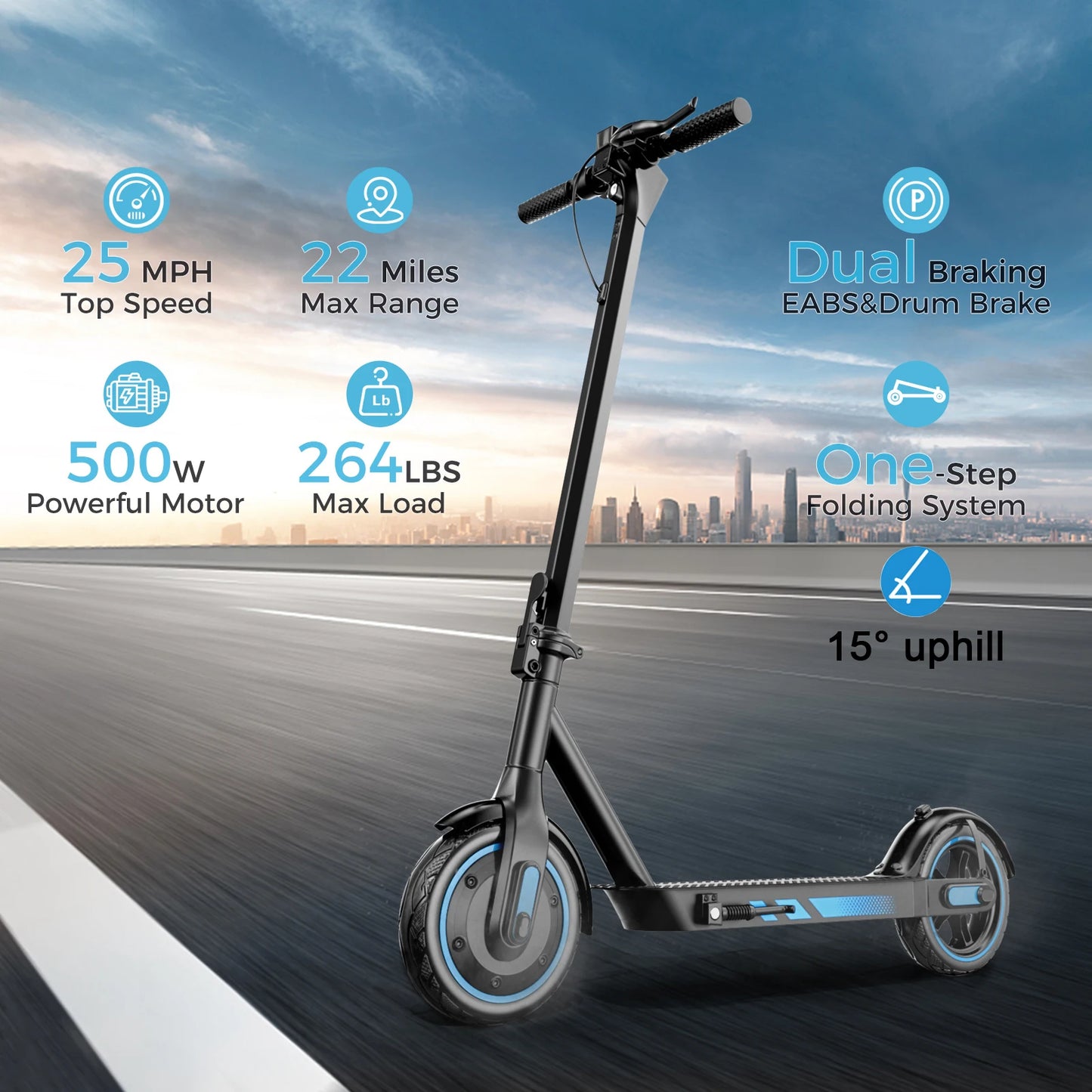 HiQiS V10 E-scooter 500WMotor 36V 10.5Ah 25MPH Speed 22mile Range Foldable E-scooter 10inch Air Tire Electric Scooter for Adults