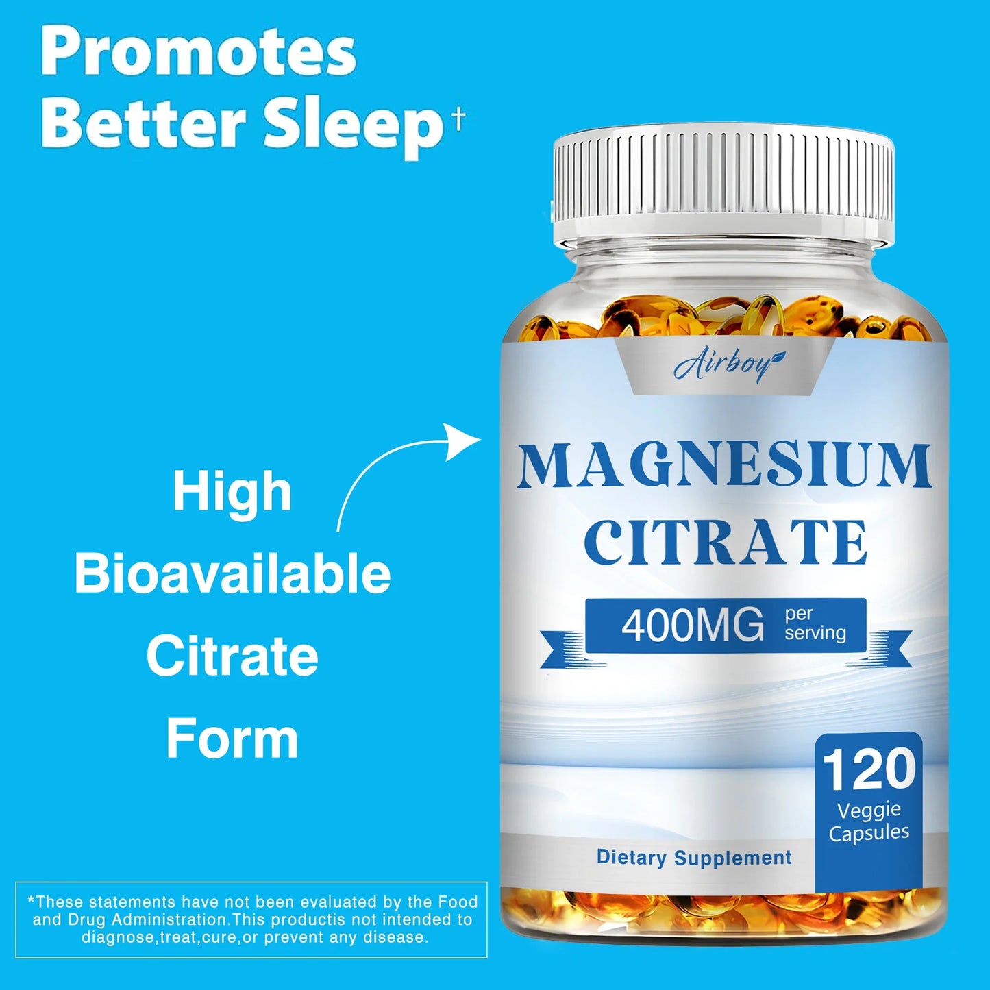 Magnesium Citrate Capsules - Supports Muscle, Nerve, Joint and Heart Health, Improves Sleep Quality - 120 Capsules