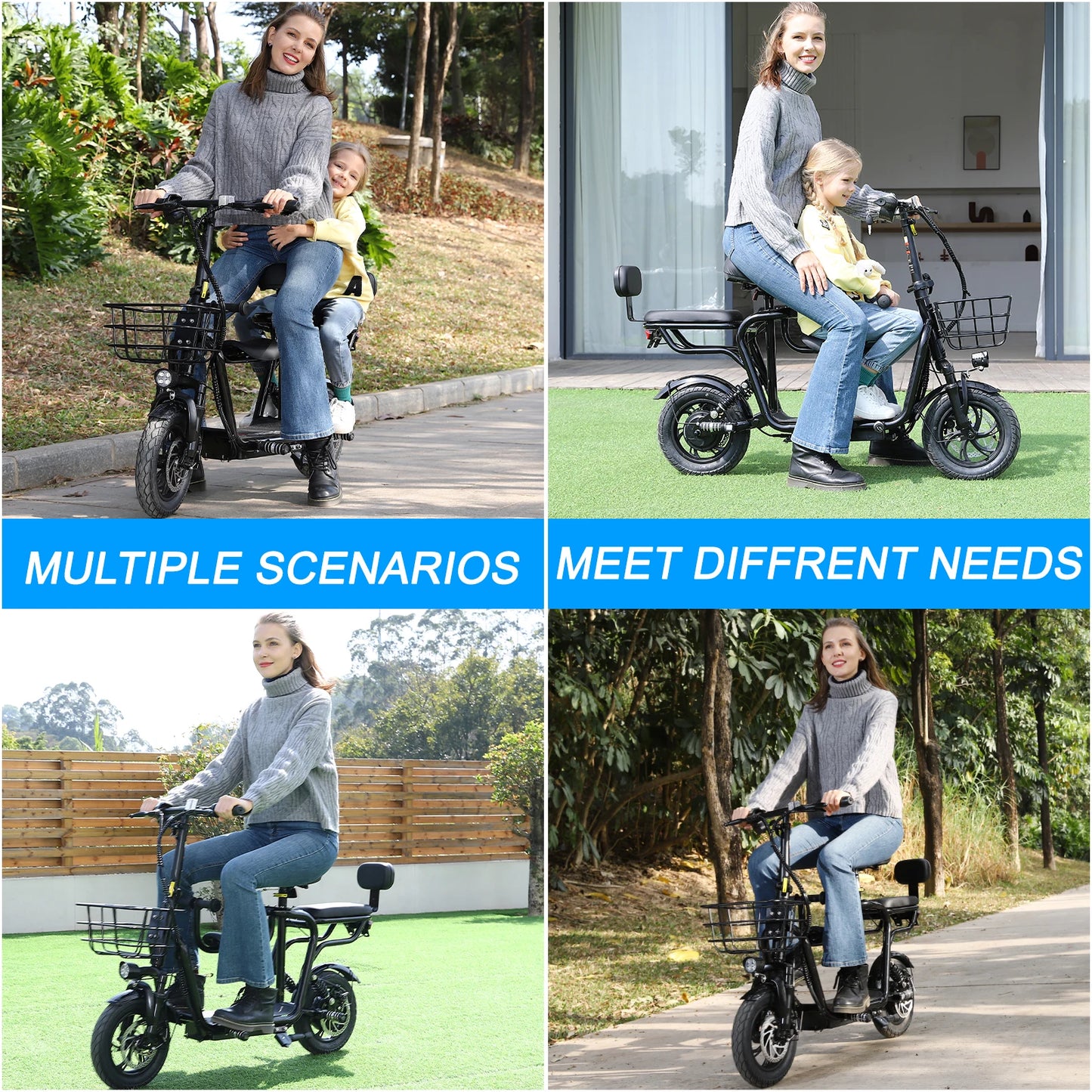 Spacewalk 36V Electric Scooter with 3 Seats for Adults Power by 500W Motor Peak, E Bike with 14" Tire and 20 Miles Range&17.4Mph