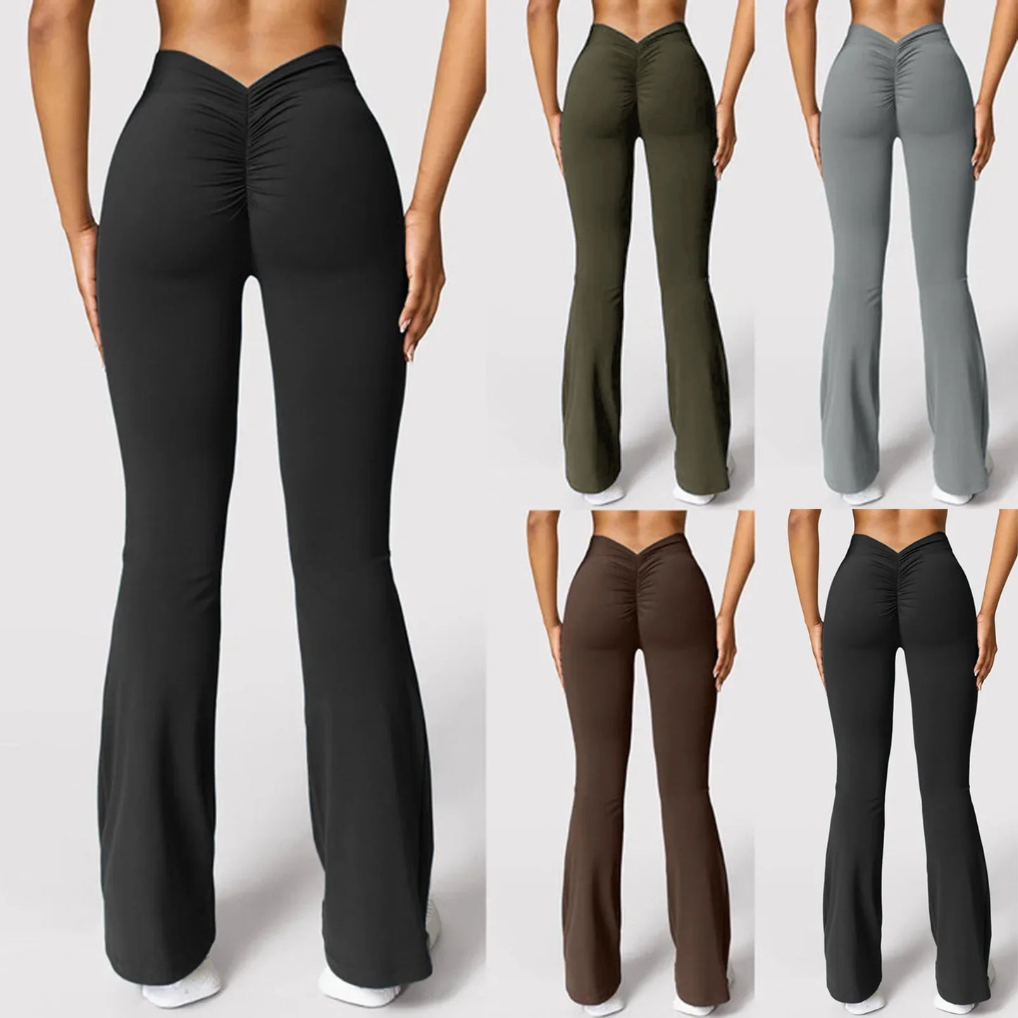Fashion flared pants women's V back waist sports pants high waist buttocks beautiful buttocks fitness pants solid color tight La