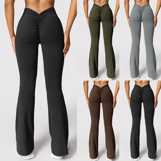 Fashion flared pants women's V back waist sports pants high waist buttocks beautiful buttocks fitness pants solid color tight La