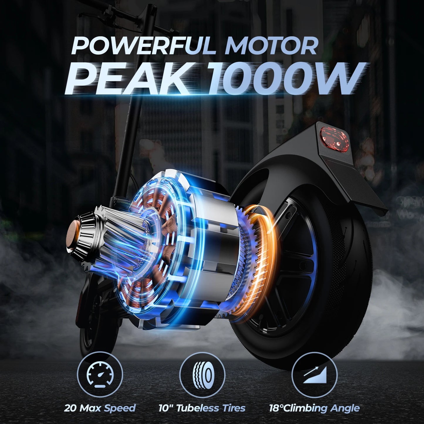 E10 Electric Scooter 1000W 20mph Max Speed 10" Tubeless Tire Folding E-Scooter 40miles Max Range Dual Suspension APP for Adult