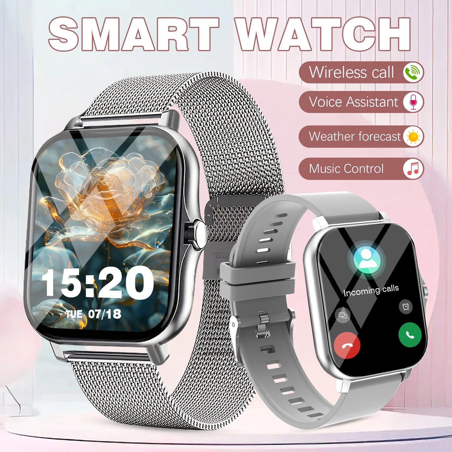 Sports smart watch, sports monitoring, wireless calls, message reminders, unisex, suitable for Android and iPhone