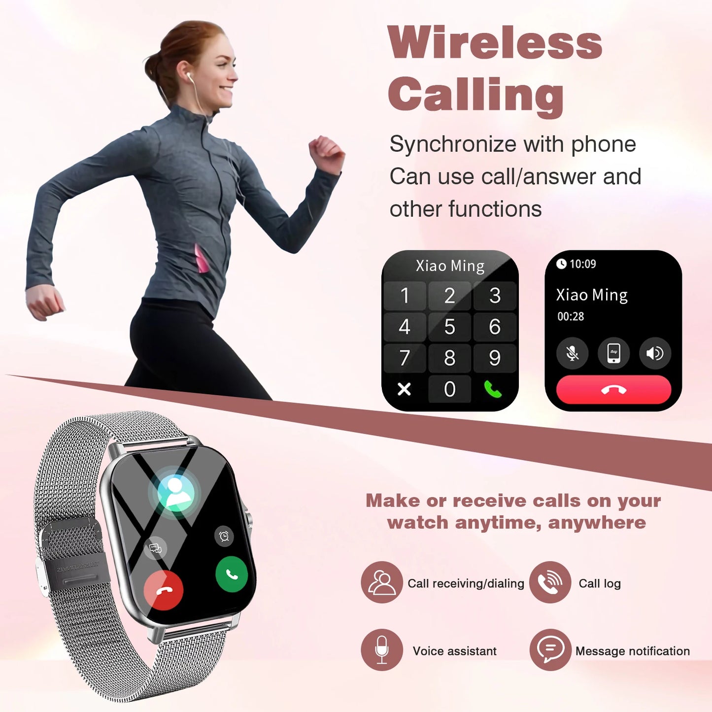 Sports smart watch, sports monitoring, wireless calls, message reminders, unisex, suitable for Android and iPhone